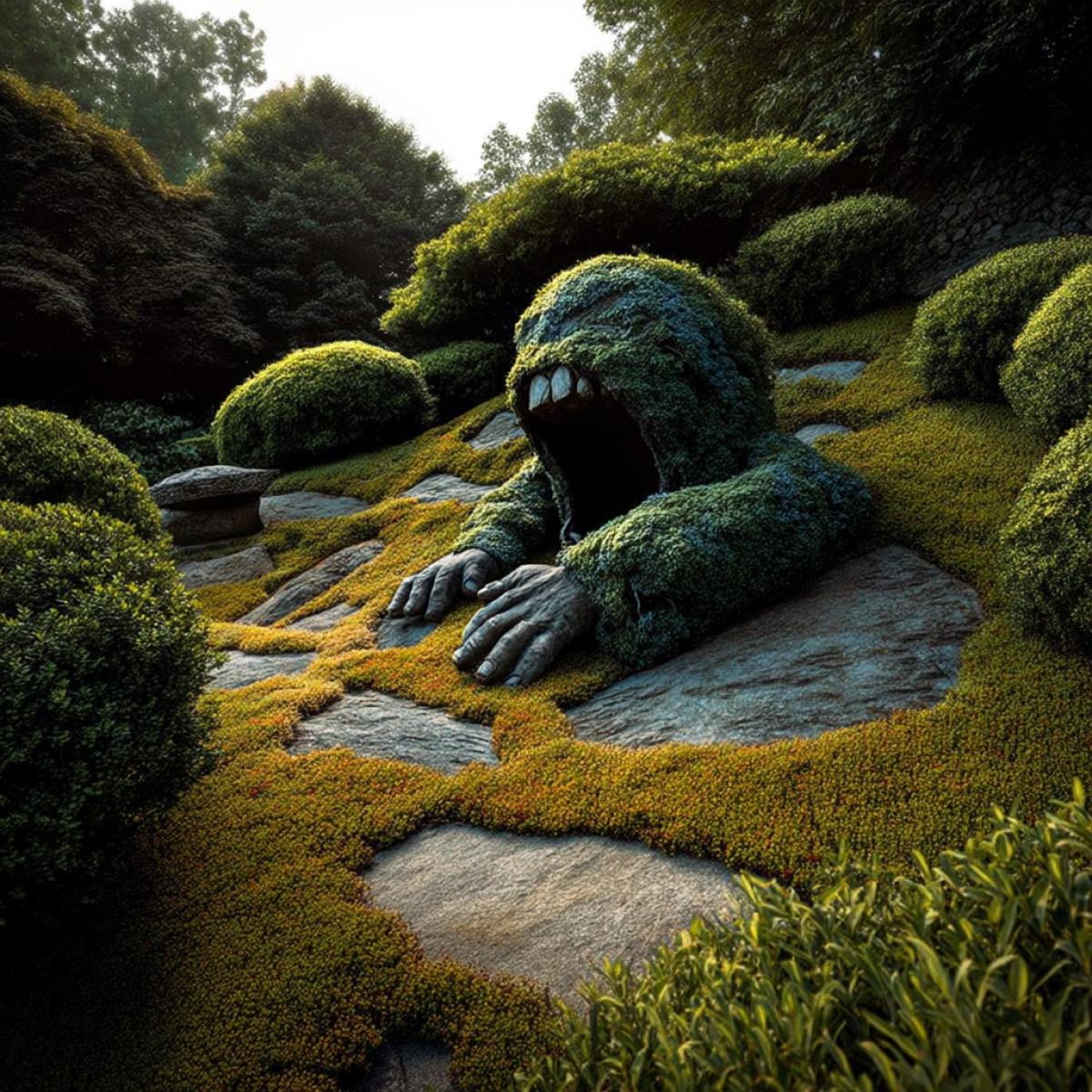 Winner of the Best Landscape Design Photography Contest. The photo features an Eastern-style rock garden. At the center of the com4k and the cameras focus is a bush trimmed to resemble a zombie forcefully emerging from the ground. The bush creates a full impression of a zombie halfway risen from its grave. A very precise and detailed work.
