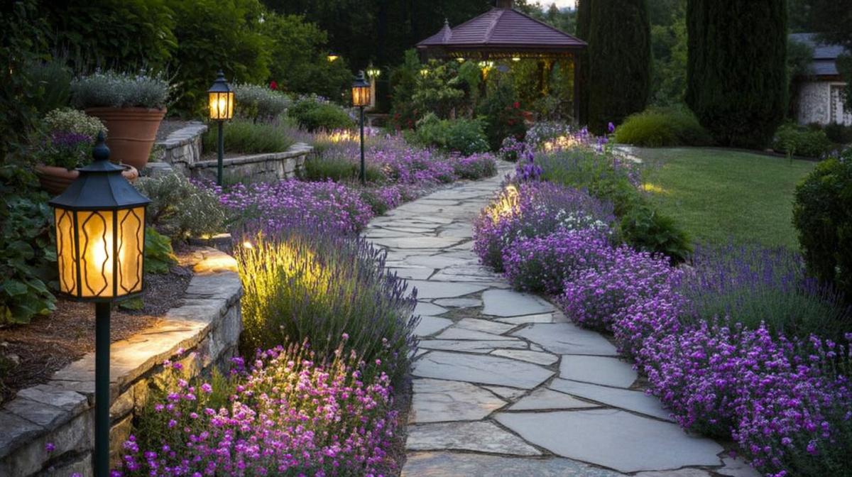 lavender flower bed along the stone garden path, garden lanterns, gazebo, evening, blue hour