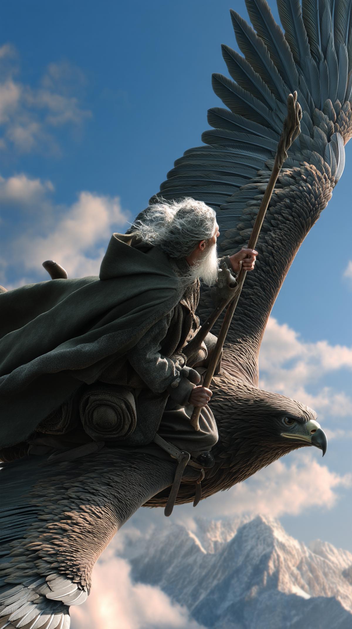 Gandalf riding an eagle, a frame from the movie The Lord of the Rings, photoshop, high detail