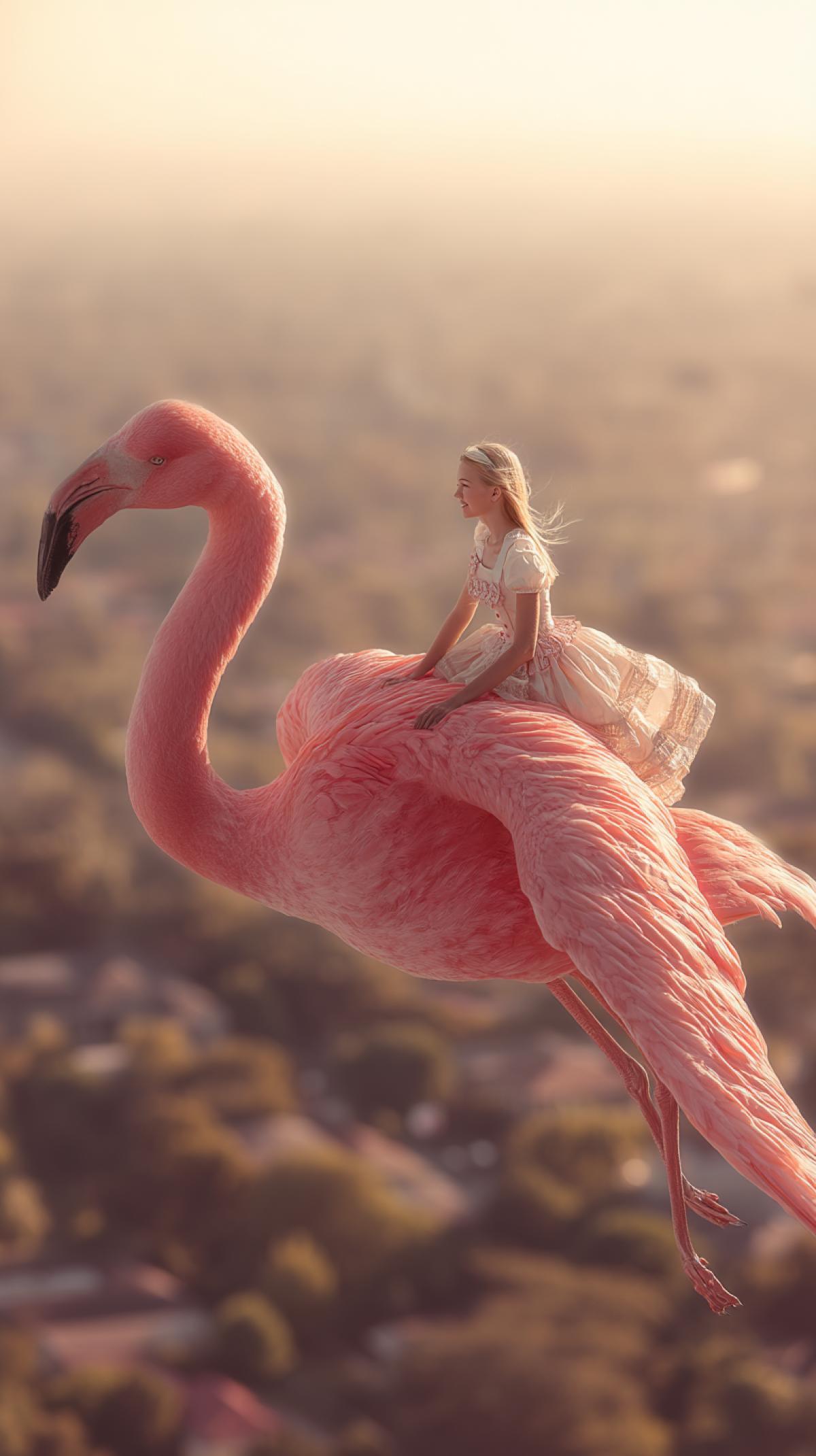 Alice from a fairy tale in Wonderland riding a pink flamingo soars high in the sky, bright pink flamingo feathers. The atmosphere is calm and serene. Warm sunlight, soft golden glow. the picture was taken from a birds-eye view, detailed photo, excellent quality