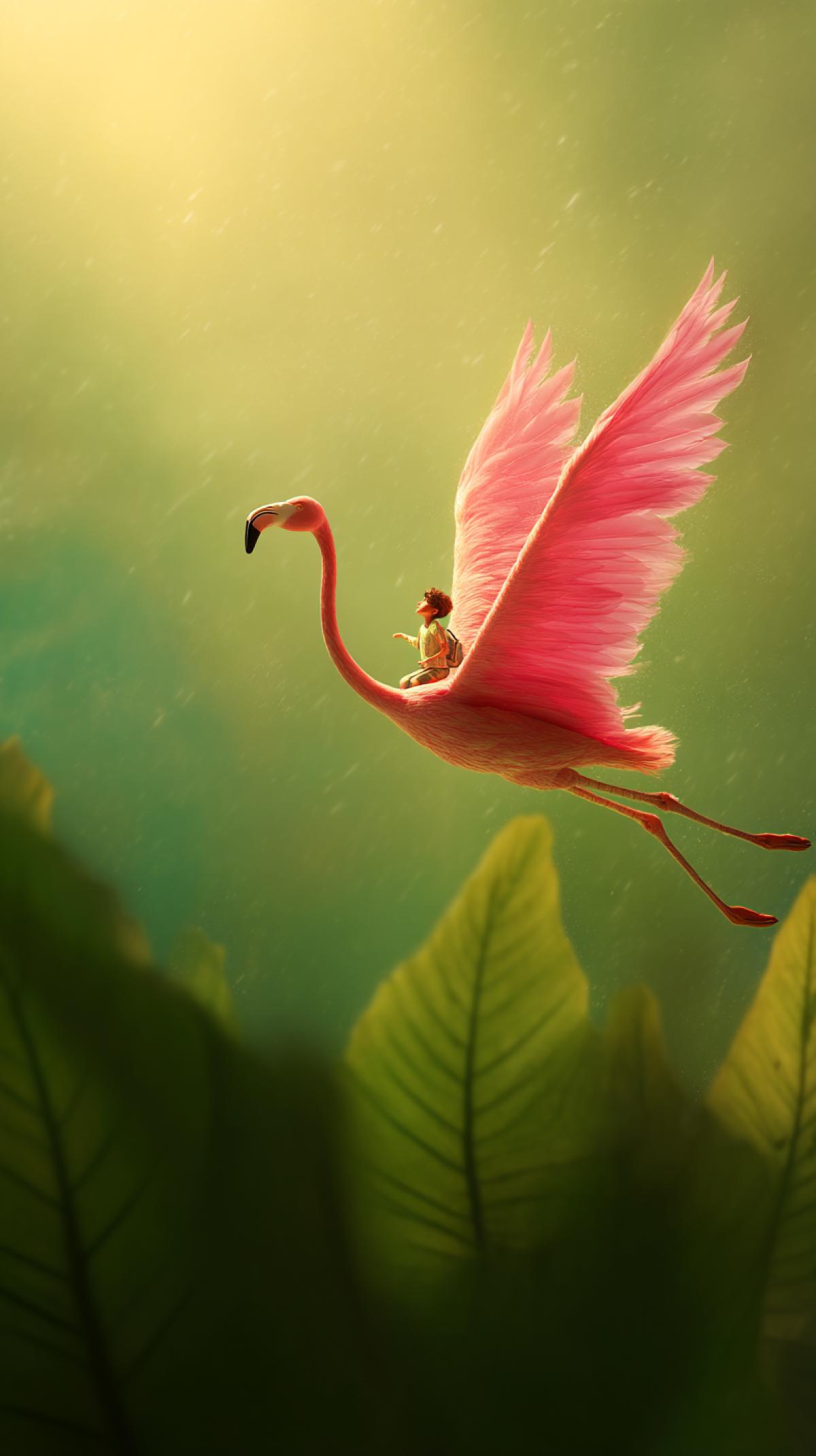 Alice riding a pink flamingo flies high in the sky, the bright pink flamingo feathers contrast beautifully with the green background. The atmosphere is calm and serene. Warm sunlight, soft golden glow. taken from a birds eye view, detailed photo, excellent quality