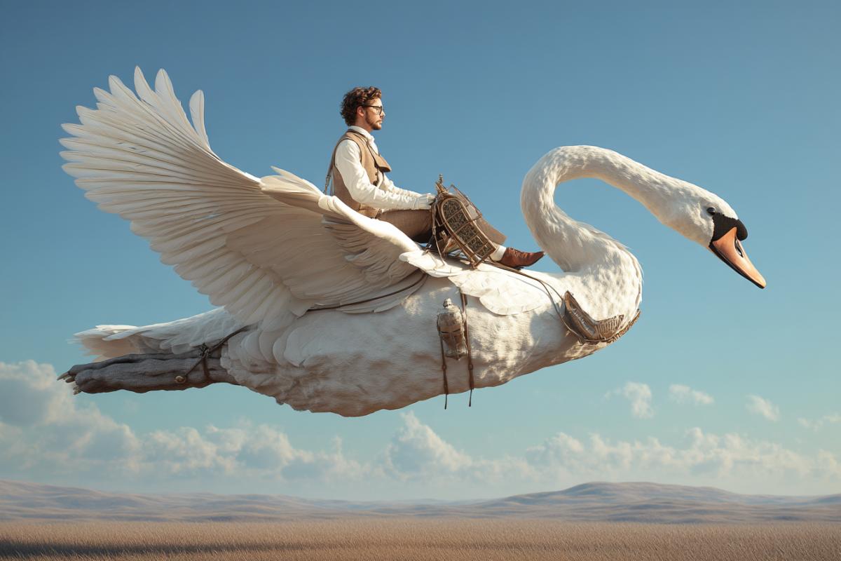 A man of the future flies on a big swan