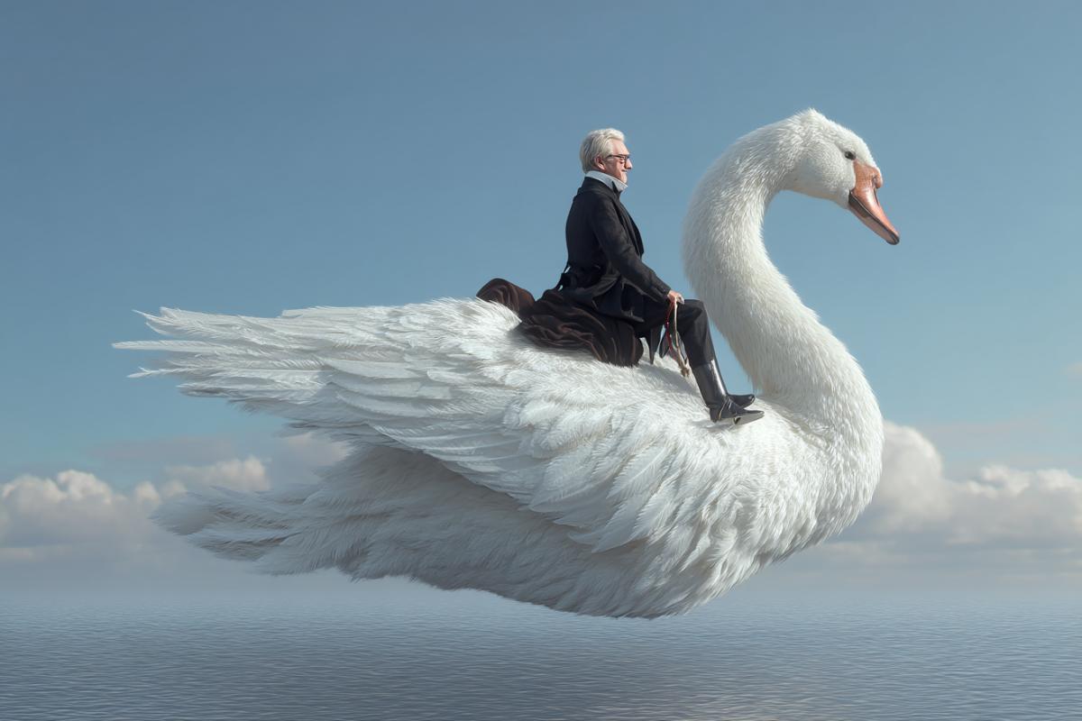 A man of the future flies on a big swan