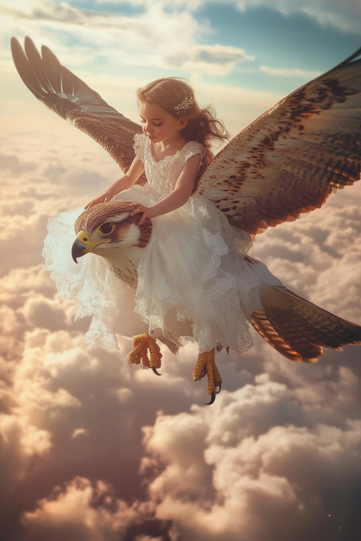 A little girl in a wedding dress flies on a big falcon somewhere in the clouds. Style Realism