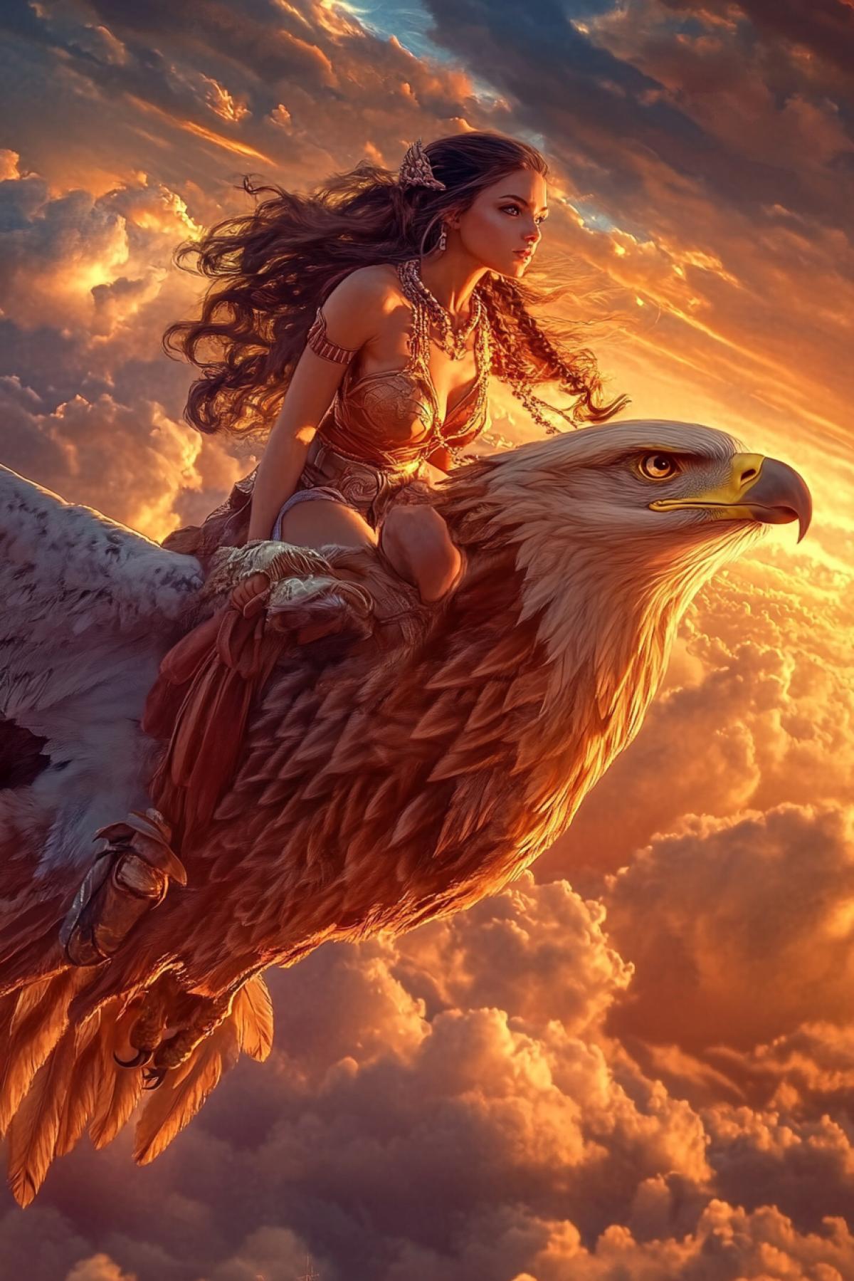 A very beautiful girl, similar to the Amazon, flies on an eagle at sunset in the clouds, an eagle with predatory eyes, a strong and great style Realism