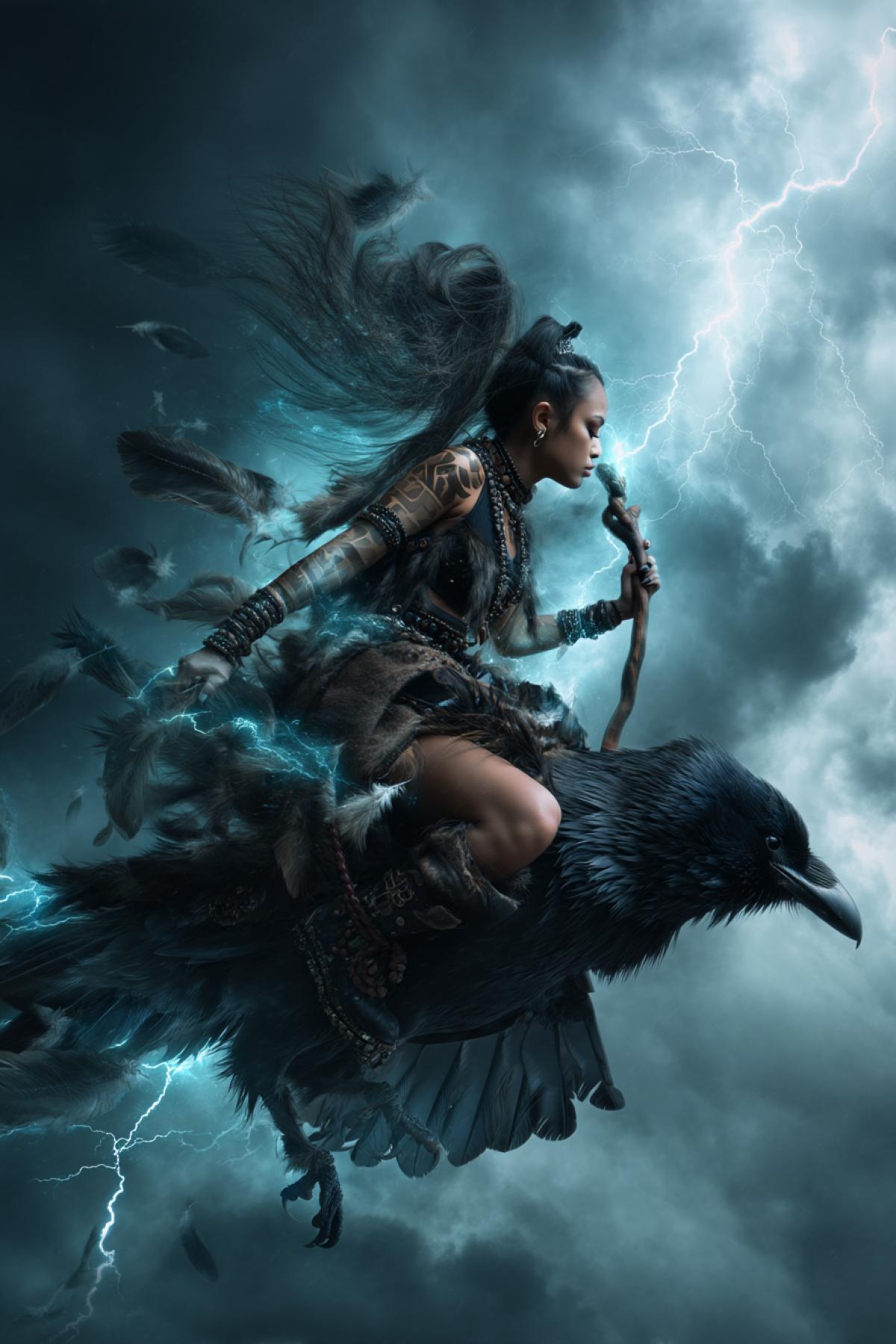 a tribal female shaman with glowing tattoos riding a big dark raven through a thunderstorm, lightning cracking behind her, feathers catching electric sparks, her staff raised, dramatic vertical fantasy shot