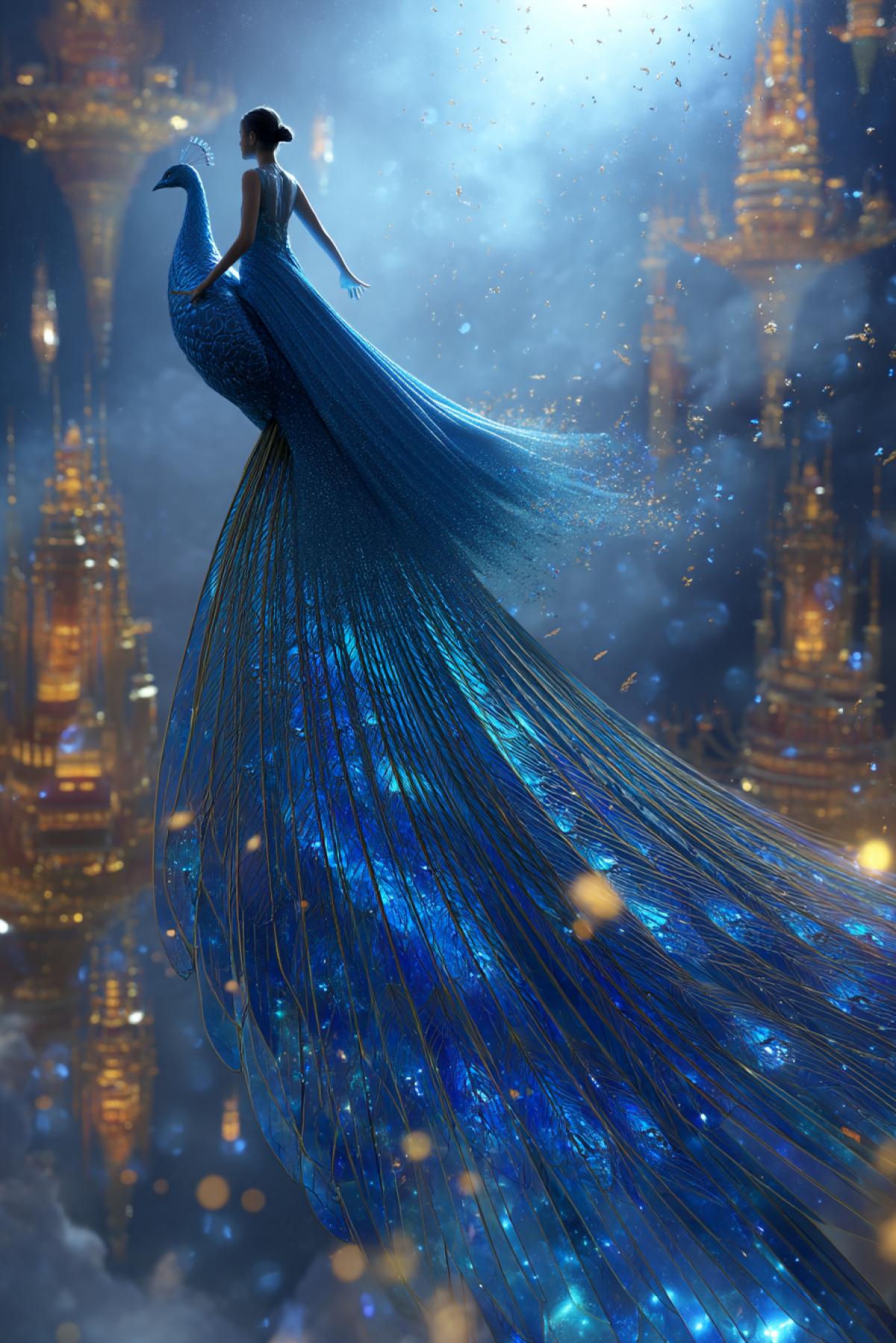 a graceful woman in a crystal-blue gown riding a colossal glass peacock flying above floating cities, its tail shimmering with galaxies and stars, light refracting through its feathers like stained glass, ethereal vertical fantasy com4k