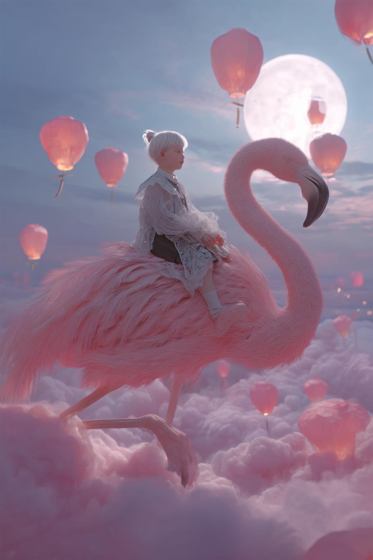 a young child with silver hair riding a dreamlike big flamingo through soft pink mist, floating lanterns below, moonlight casting long shadows, surreal gentle atmosphere, vertical poetic fantasy