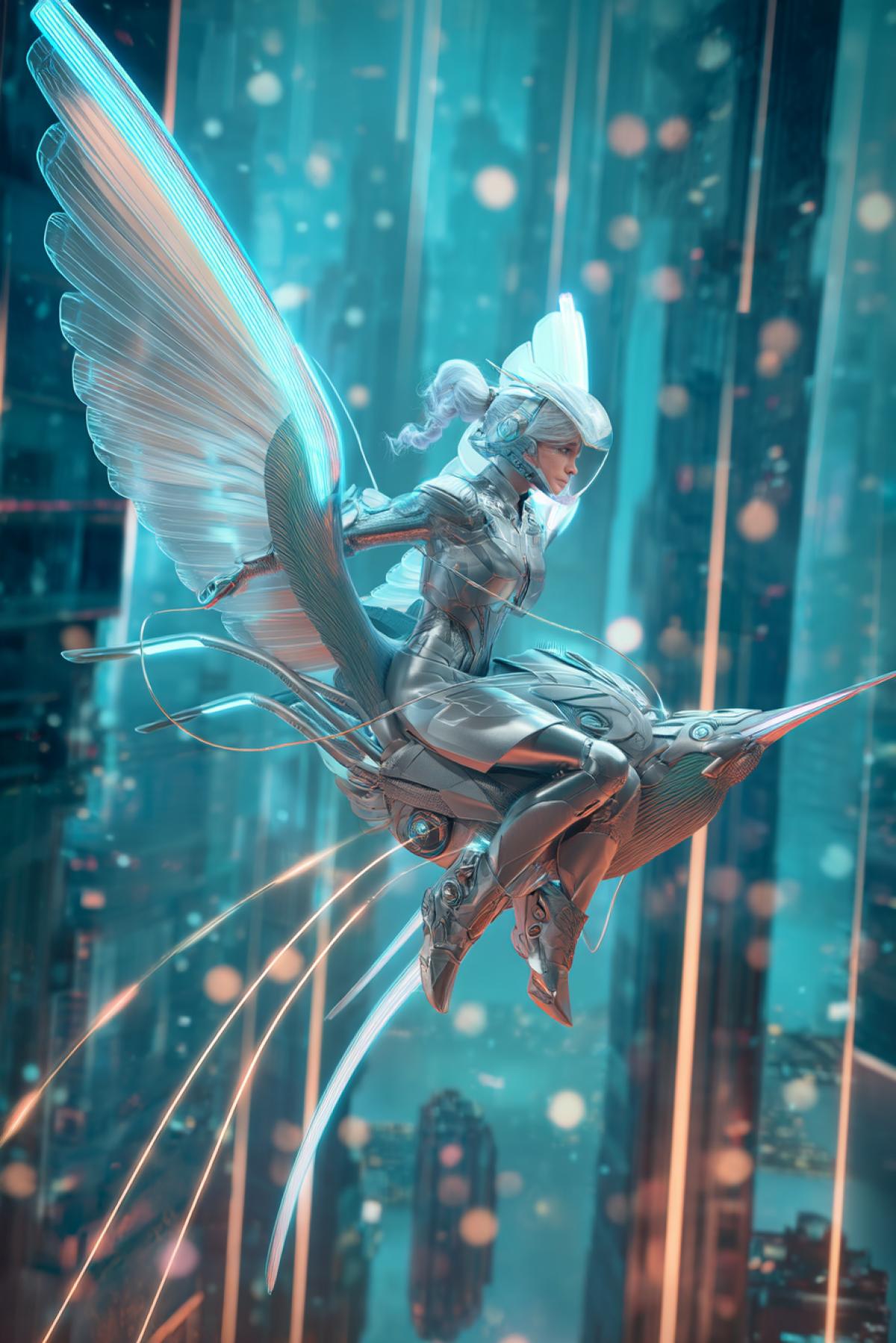 a futuristic royal girl in silver armor riding a biomechanical hummingbird with neon wings, flying between skyscrapers of a utopian city, glowing trails behind them, high-tech fairytale vibe, vertical cinematic sci-fi image