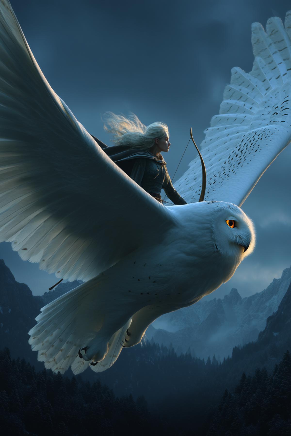 a fierce female archer in a dark forest cloak riding a big white owl soaring above a moonlit mountain range, her eyes glowing faintly like the owl’s, wind in her hair, forest and stars below, cinematic lighting, powerful and elegant, vertical fantasy com4k
