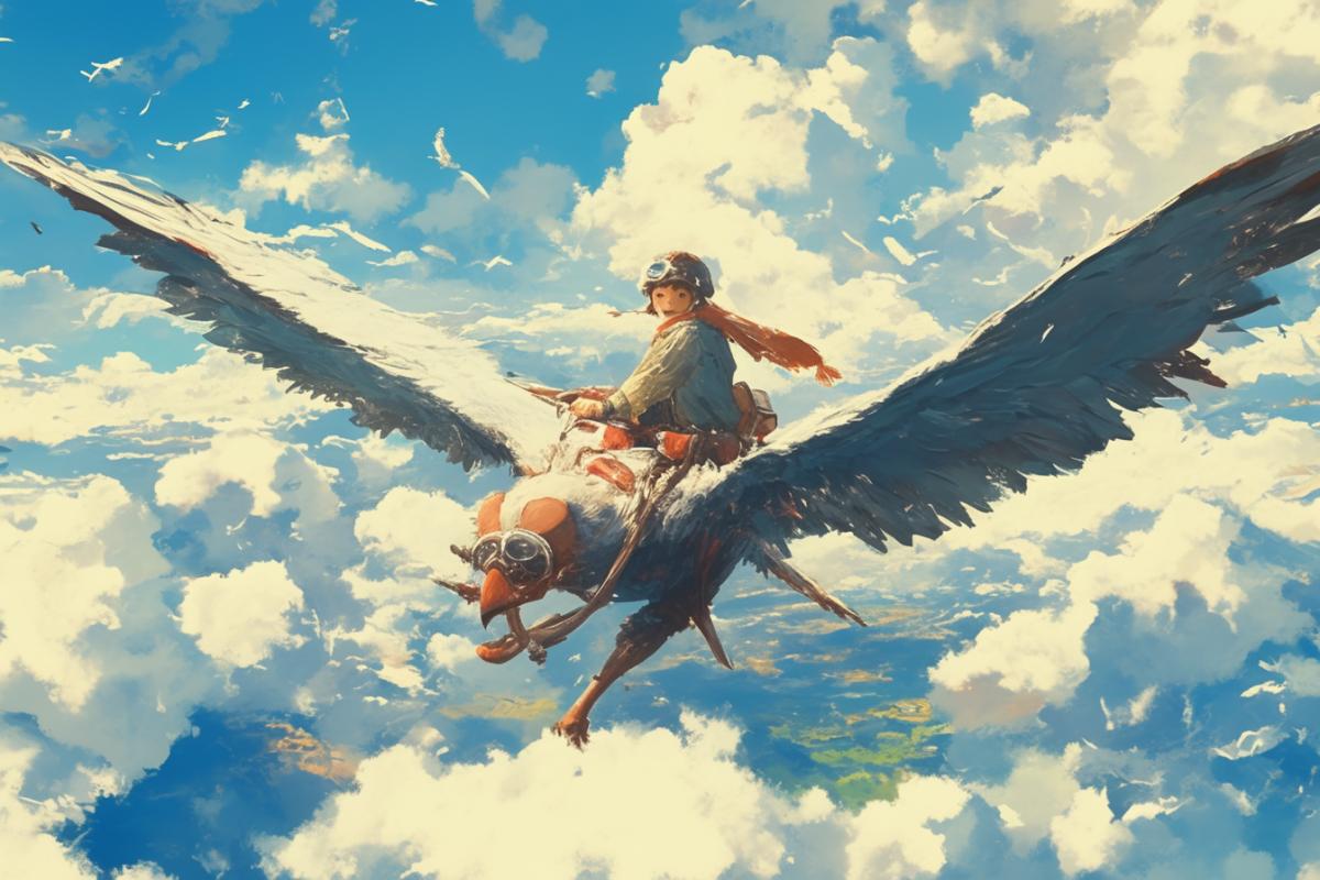 A sparrow flying over the clouds, straightening the wings on which the young pilot sits on horseback