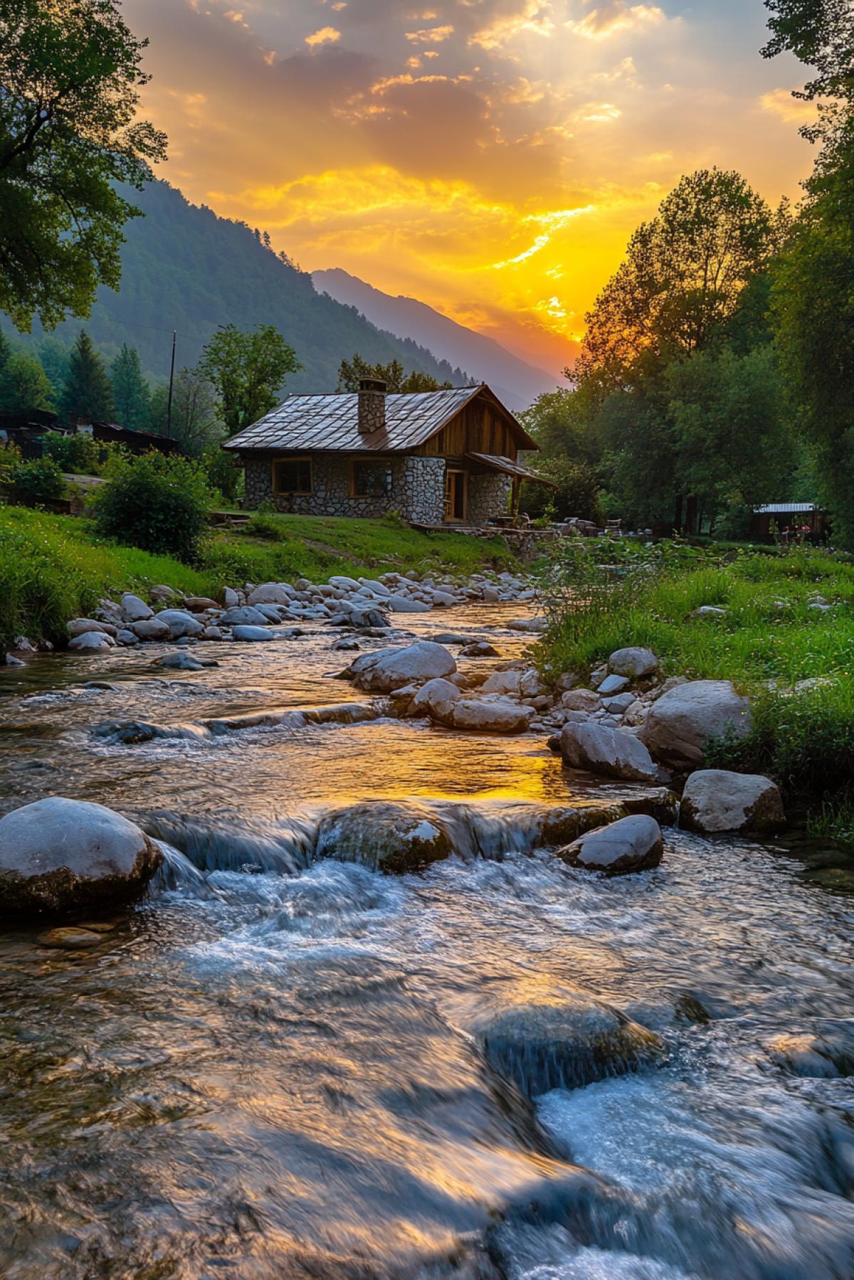 A small cozy house, on the banks of the mountain river. Against the background of sunset