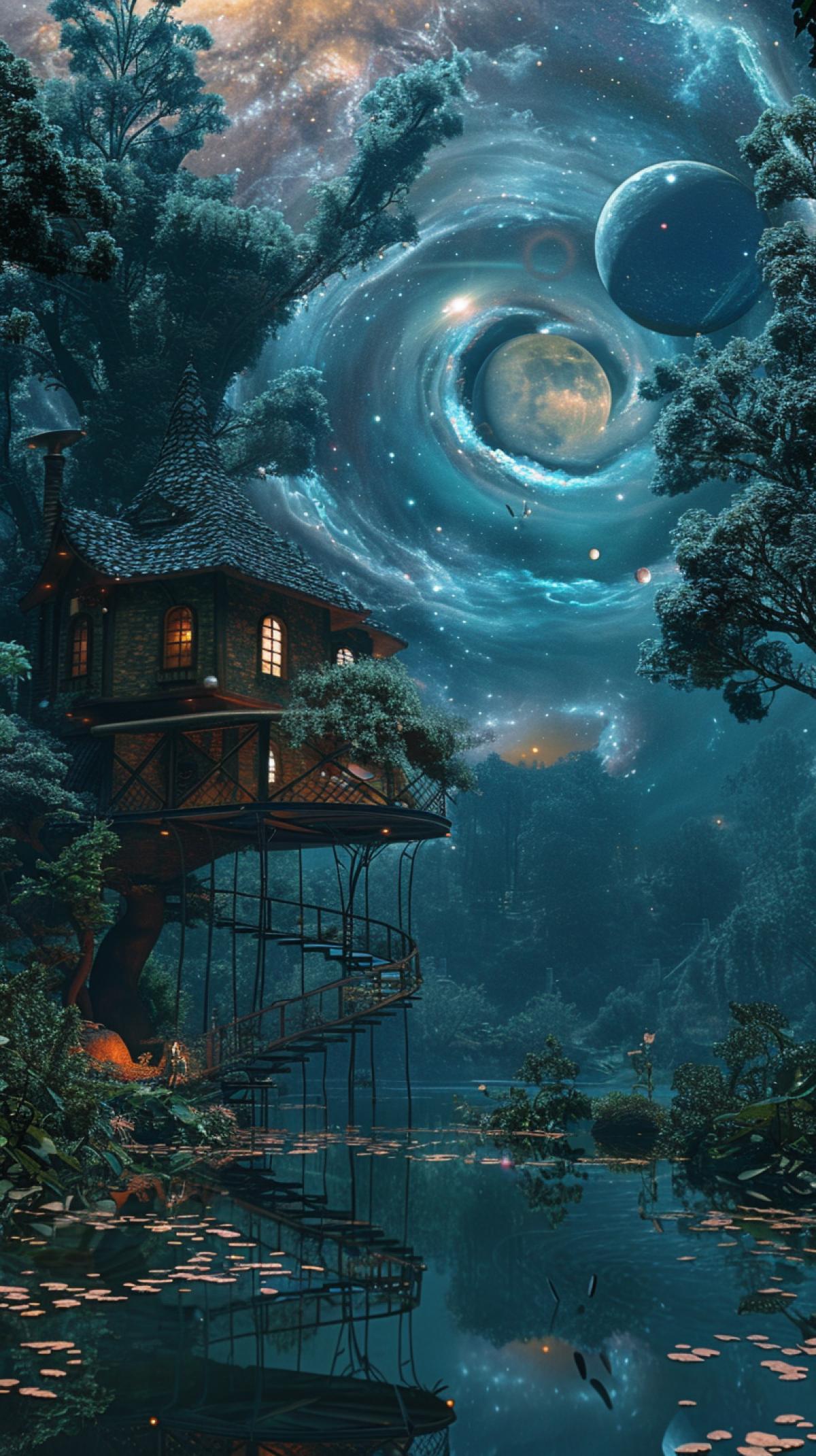 a forest with a brick and glass house on iron stilts with many trees next to a pond with water lilies, digital art, fantasy, unsplash contest winner, space art, dark hole with an accretion disk, timelapse, spiral clouds, infinity mirror, cosmic whirlpool, very epic atmosphere, moon reflection, spiral, fish effect eyes, bright colors, cinematic lighting, style-raw, professional photography