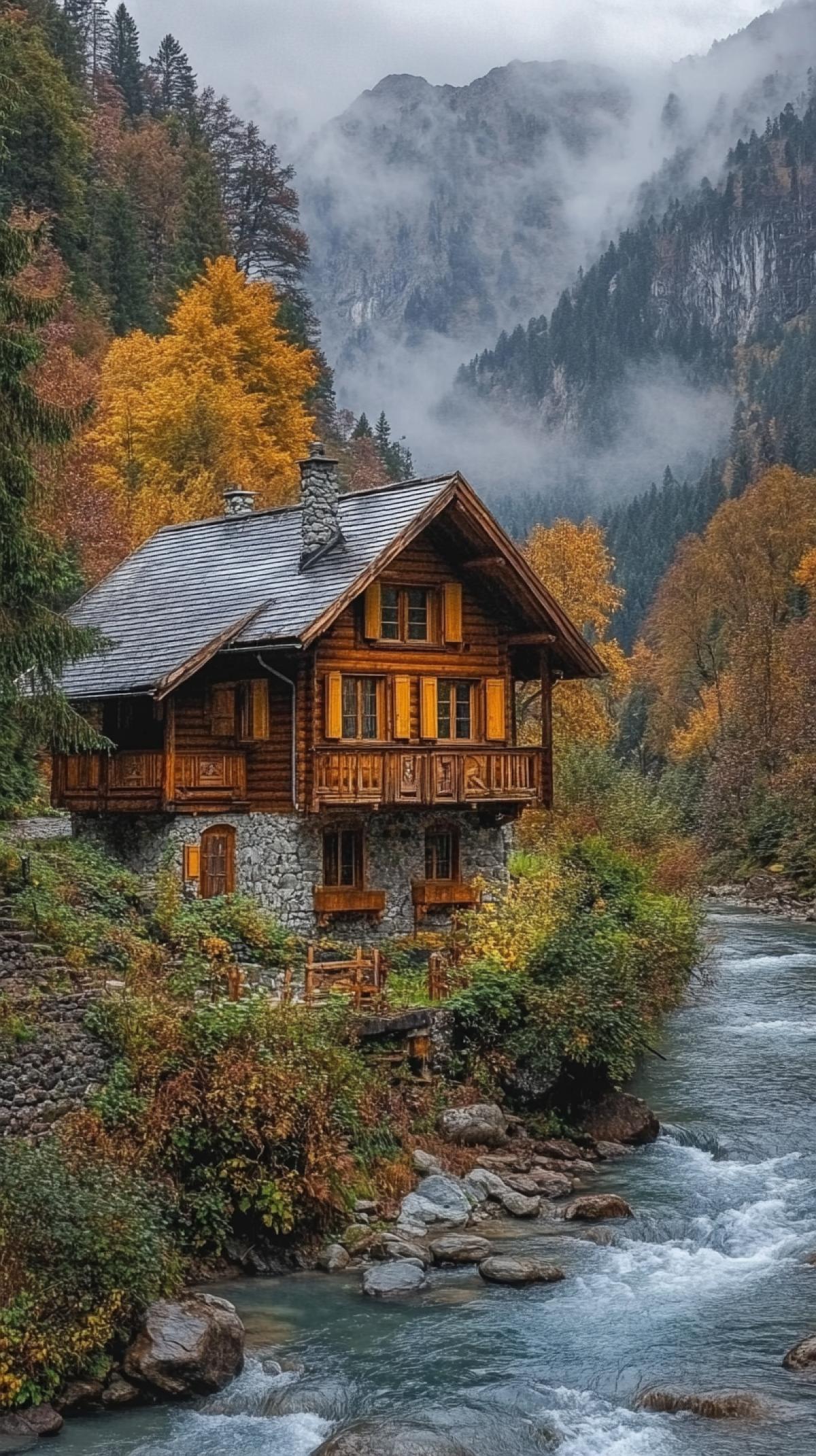 breathtaking autumn majestic mountains, morning fog descends, rainy sky, fast clear blue mountain river, beautiful wooden house, sharp focus, intricate details, HDR, high detail