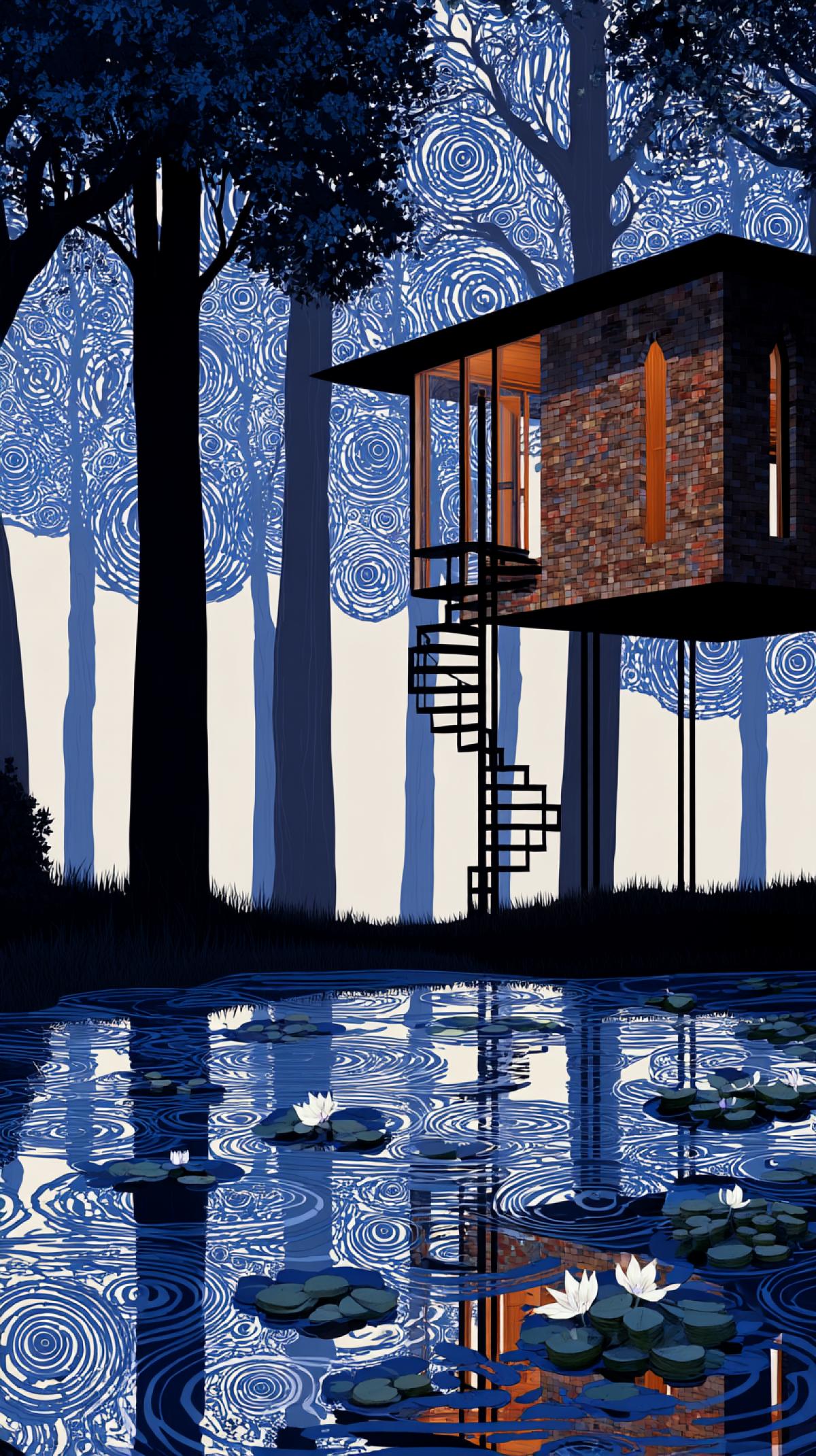 a forest with a brick and glass house on iron stilts with many trees next to a pond with water lilies, digital art, fantasy, unsplash contest winner, space art, dark hole with an accretion disk, timelapse, spiral clouds, infinity mirror, cosmic whirlpool, very epic atmosphere, moon reflection, spiral, fish effect eyes, bright colors, cinematic lighting, style-raw, professional photography