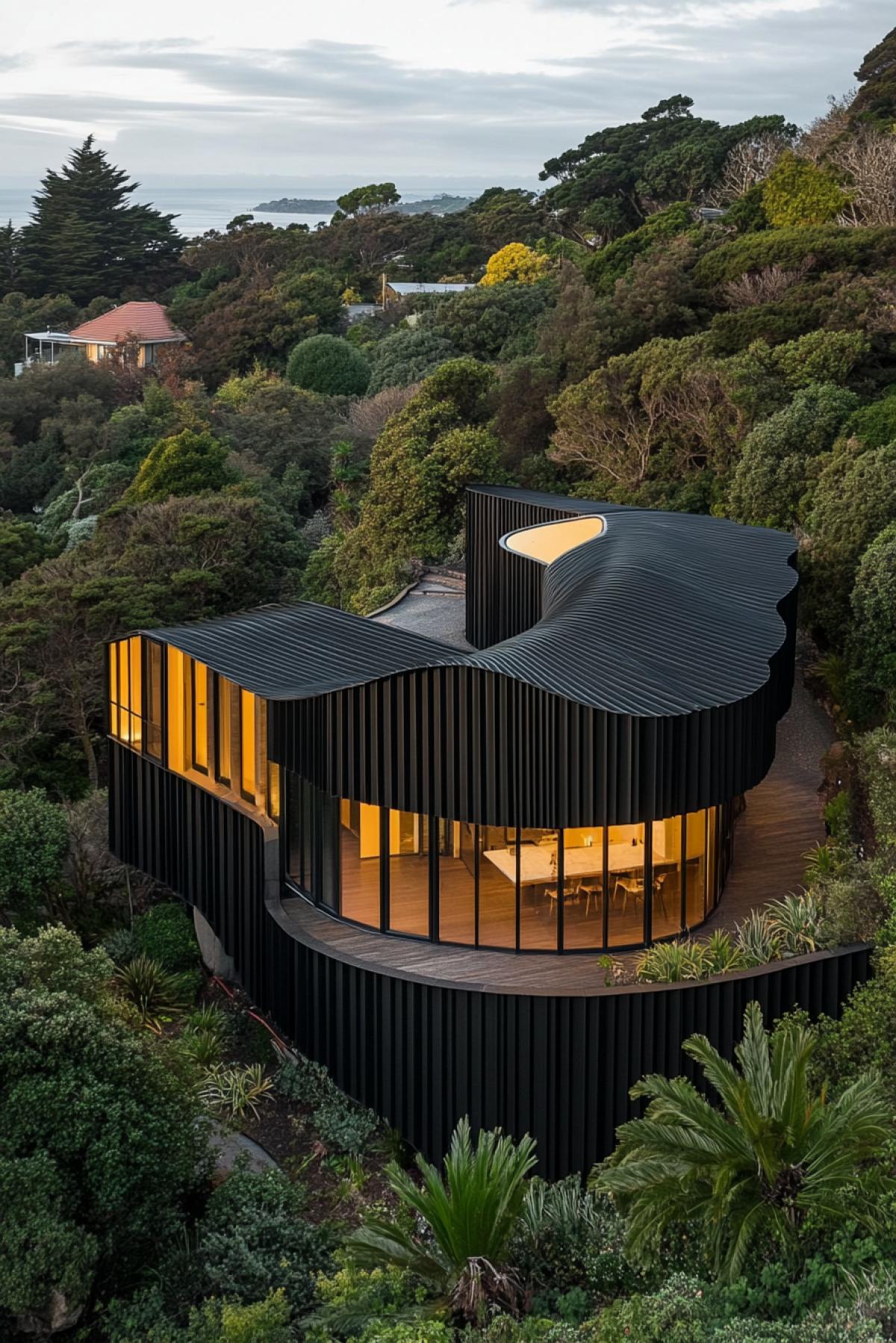 unique house located on the slope of a volcanic crater in Auckland. Its shape resembles a twisted corrugated iron sculpture, creating interesting spaces inside and out. The external surfaces of the house are lined with dark wood, the windows have yellow frames, harmoniously blending into the surrounding landscape. Windows and vegetation provide wind protection and privacy, as well as panoramic views of the park and crater.