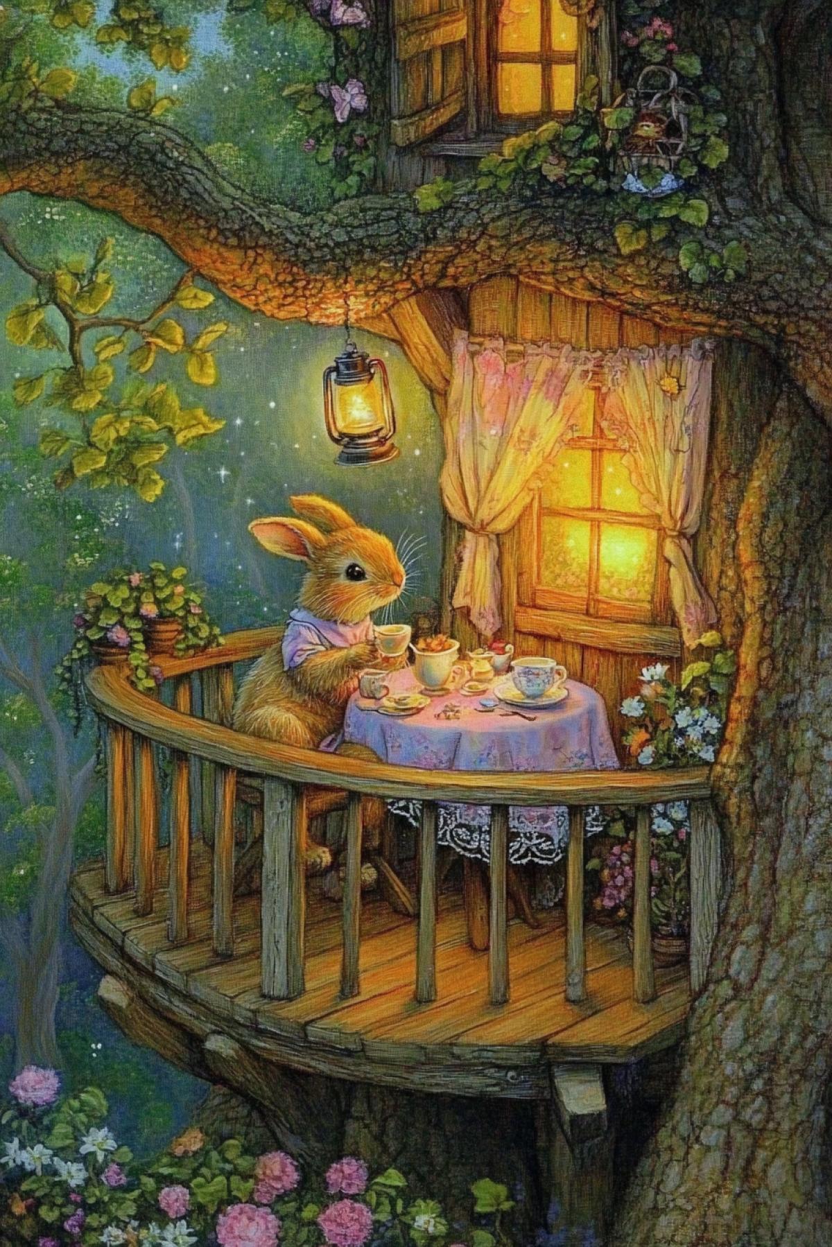 Preserving style, on a cozy summer evening, a married couple of rabbits, he and she, on the wooden balcony of their tree house under a lantern, comfortably sitting down, drinking tea from tiny porcelain cups
