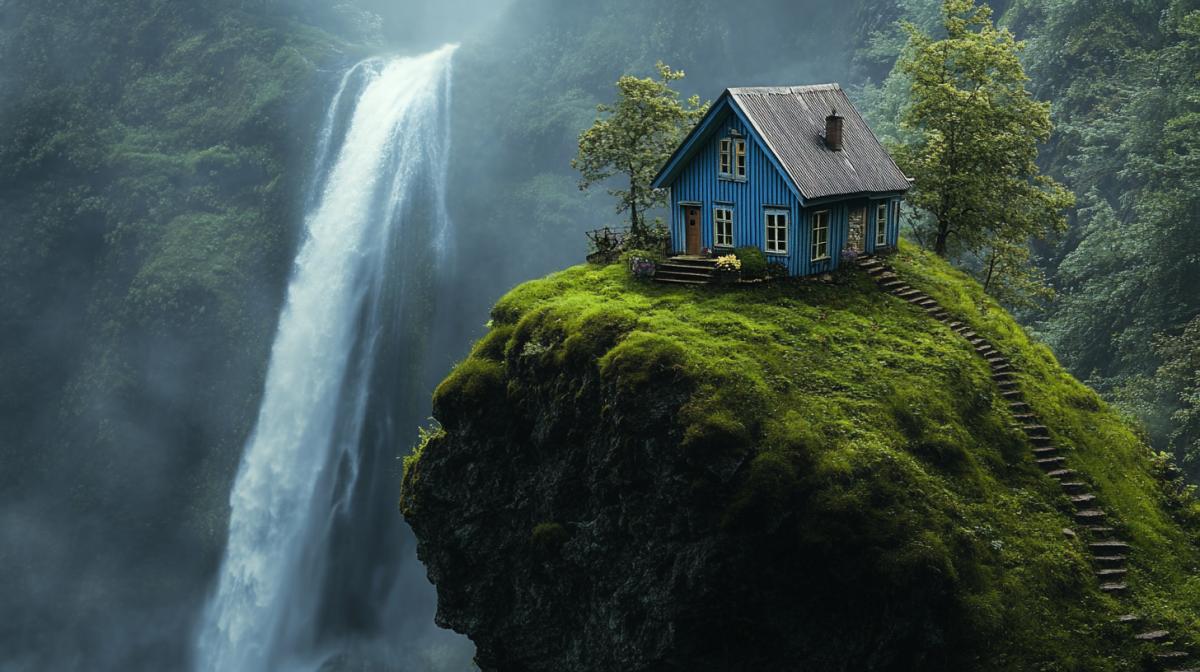 A lonely small house on the edge of the earth, a waterfall is whipping nearby, a comfortable house and small, with a stairs, around nature and air