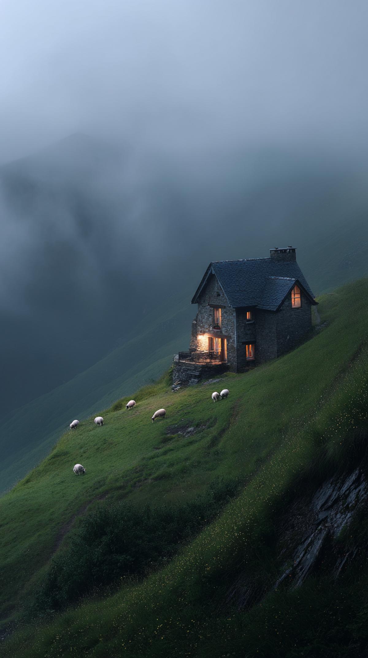 small stone building perched on top of lush green hillside, subtle fog and decorative lighting, lonely cabin in the woods, robert koehler, illuminated windows, alps, lonely stone house, fog filters, at dusk, 5-6 pieces of grazing sheep, decorative lighting, multi-level dwelling, beautiful photography, enchanted dreams. instagram, dramatic lighting