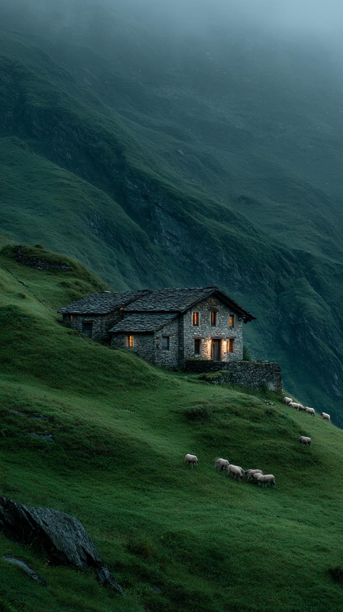 small stone building perched on top of lush green hillside, subtle fog and decorative lighting, lonely cabin in the woods, robert koehler, illuminated windows, alps, lonely stone house, fog filters, at dusk, 5-6 pieces of grazing sheep, decorative lighting, multi-level dwelling, beautiful photography, enchanted dreams. instagram, dramatic lighting