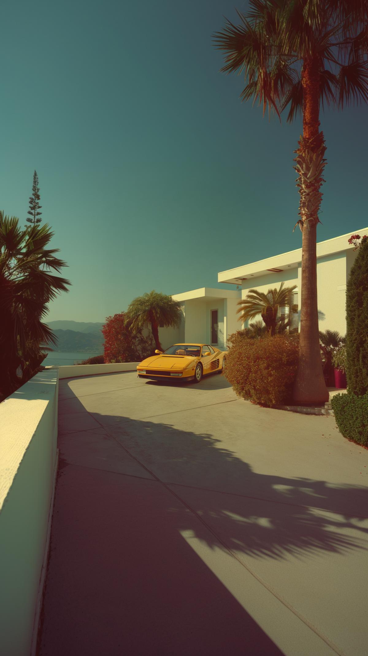 35mm photograph of a modern, lonely house on an island with a dark yellow Ferrari Testarossa in the driveway. Shot on expired kodachrome p style raw