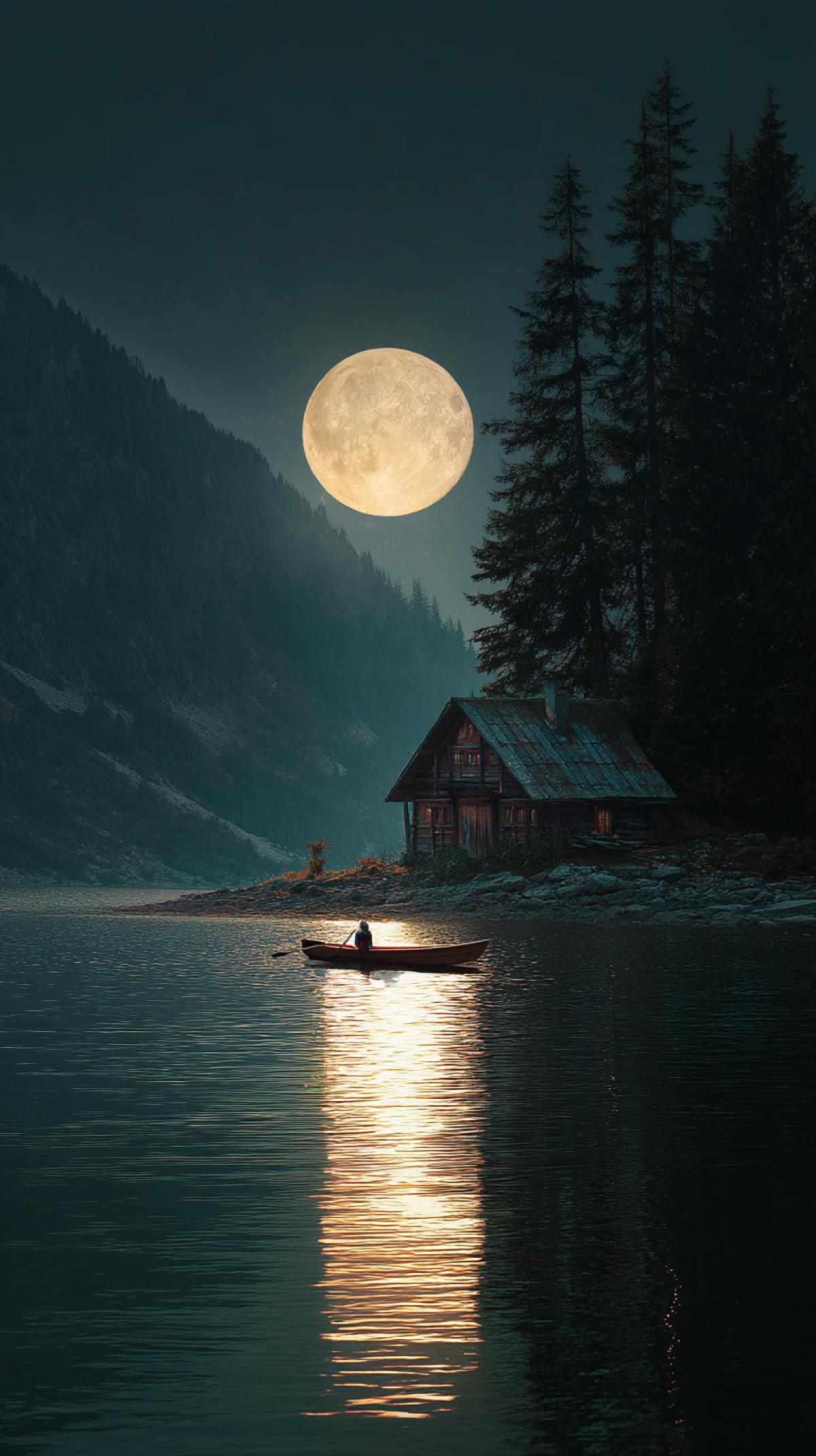 a photo of a lonely fishermans house on the shore of a lake, a wooden boat, a full moon, a big moon, a moon path on the water surface, a fir tree near the house, a feeling of peace and tranquility