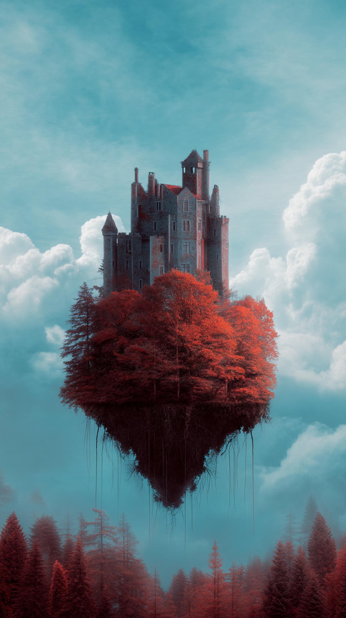 photo of a lonely castle floating in the sky above a forest, blue and red colors, surrealism, fantasy