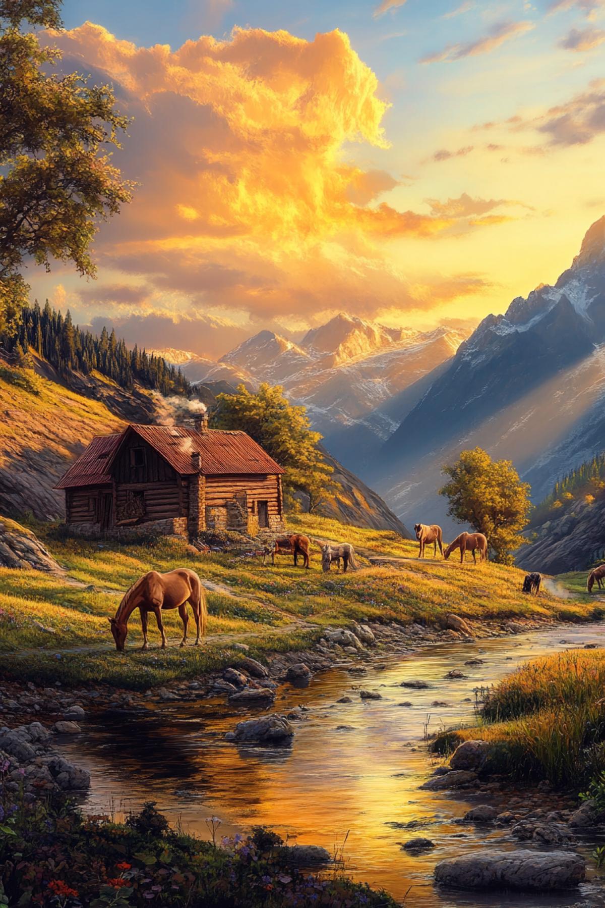 A secluded house on the banks of the river, standing near the hill, comes from the pipe of the house, horses are grazing nearby, the owner and the dog enjoy nature next to the house and look at the sky