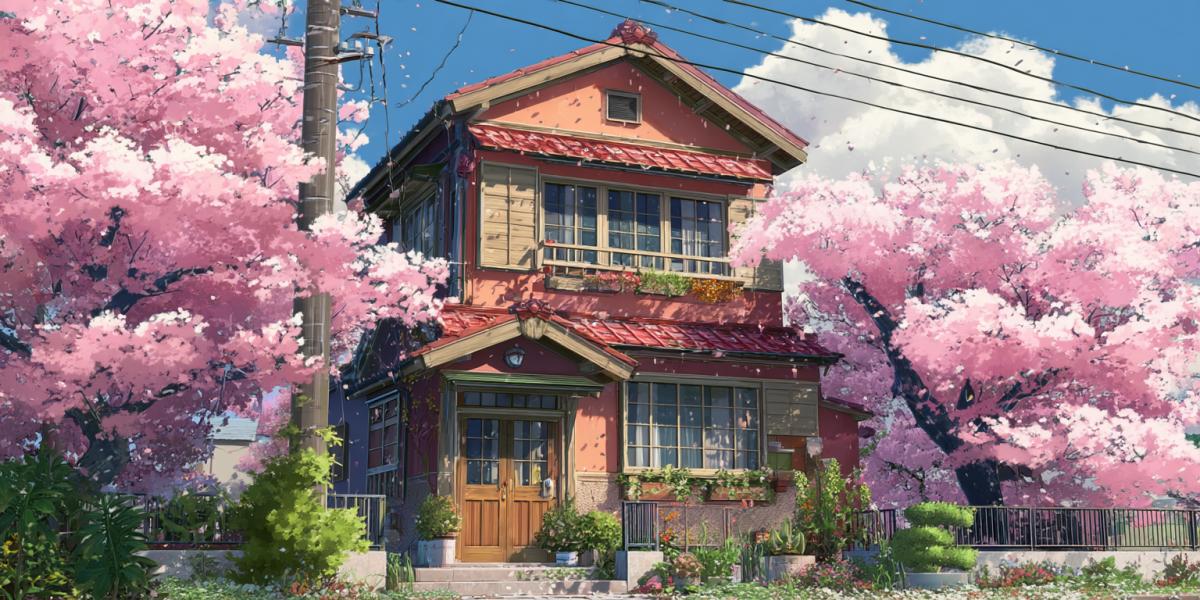 Beautiful twostory cute house against the backdrop of sweet Sakura