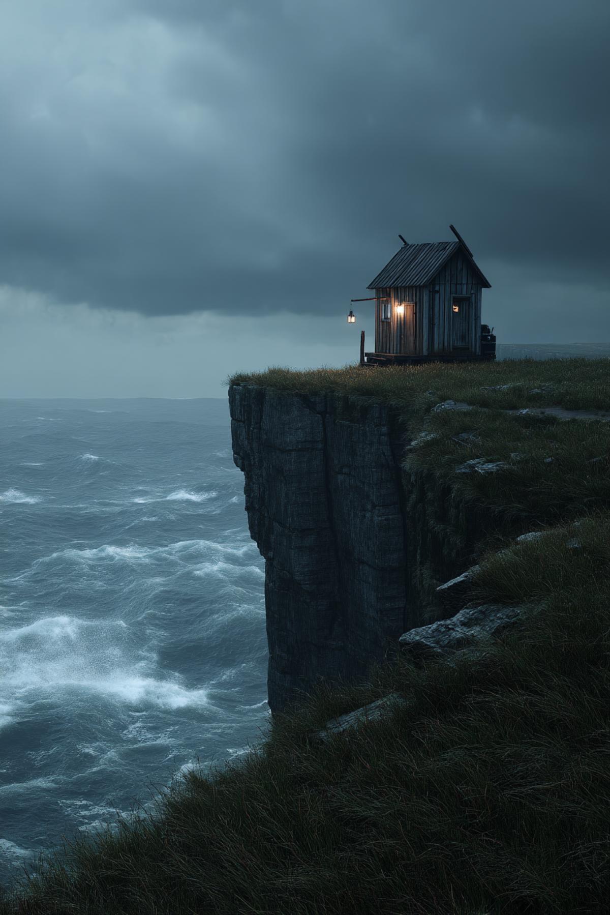 a small wooden house perched on the edge of a towering sea cliff, waves crashing below, cold wind the grass, stormy clouds overhead, a single lantern glowing in the window, dramatic and cinematic, vertical com4k