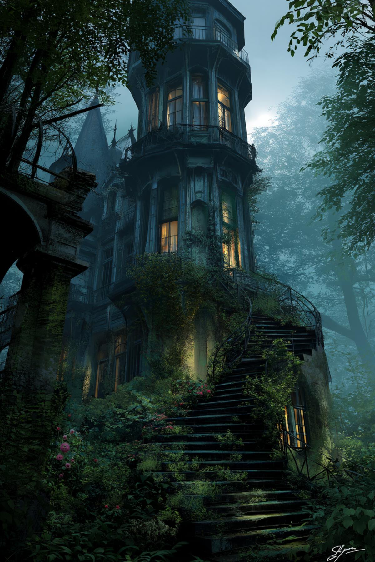 a crumbling Victorian mansion hidden deep in an overgrown forest, moonlight filtering through twisted trees, fog swirling around its broken steps, glowing windows hinting at life inside, haunting and mysterious, vertical gothic art
