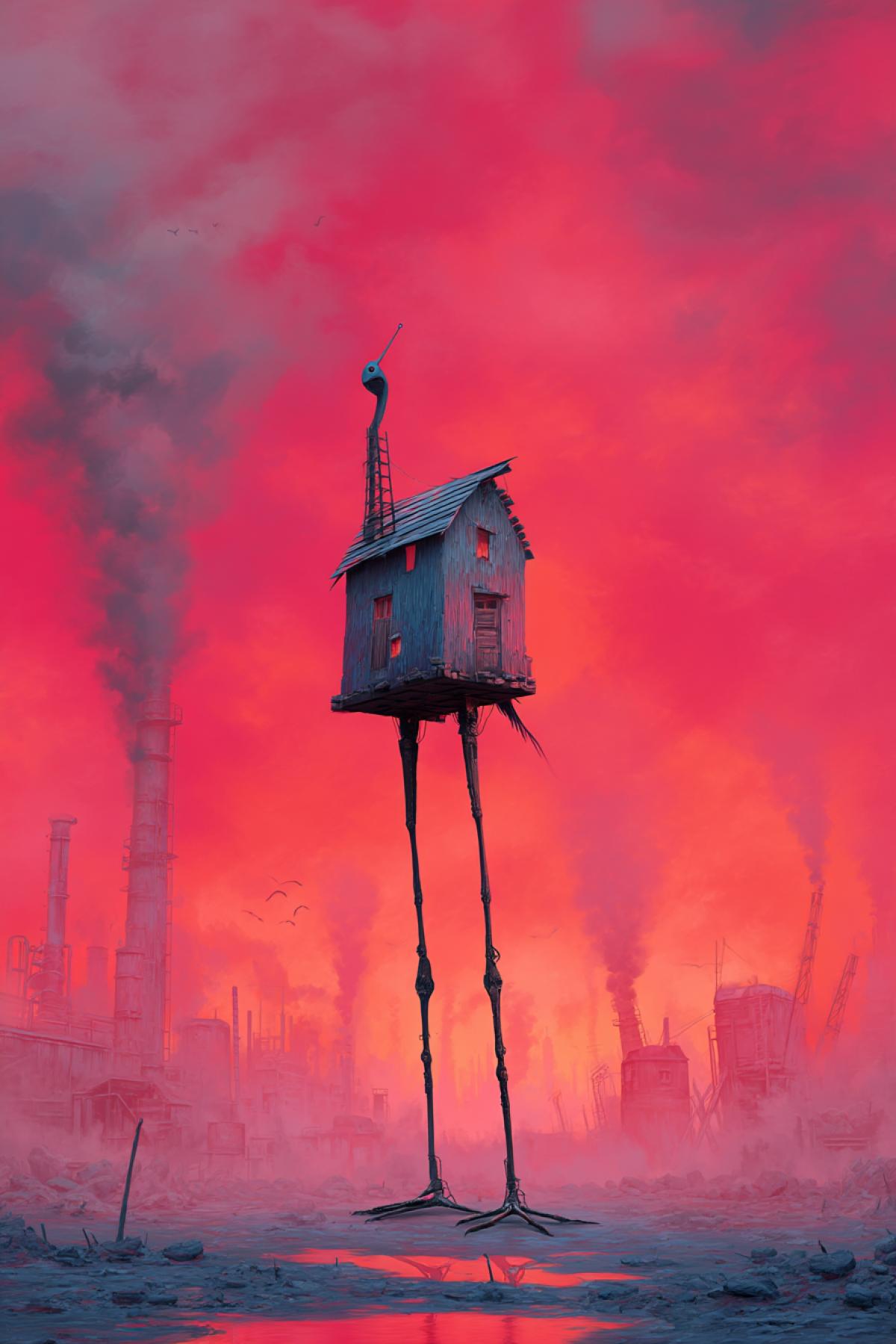 a surreal small house standing alone on a single mechanical bird leg, surrounded by a burning wasteland of ruined factories, smoke rising to a red liquid-red sky, bizarre and striking, vertical dystopian concept art