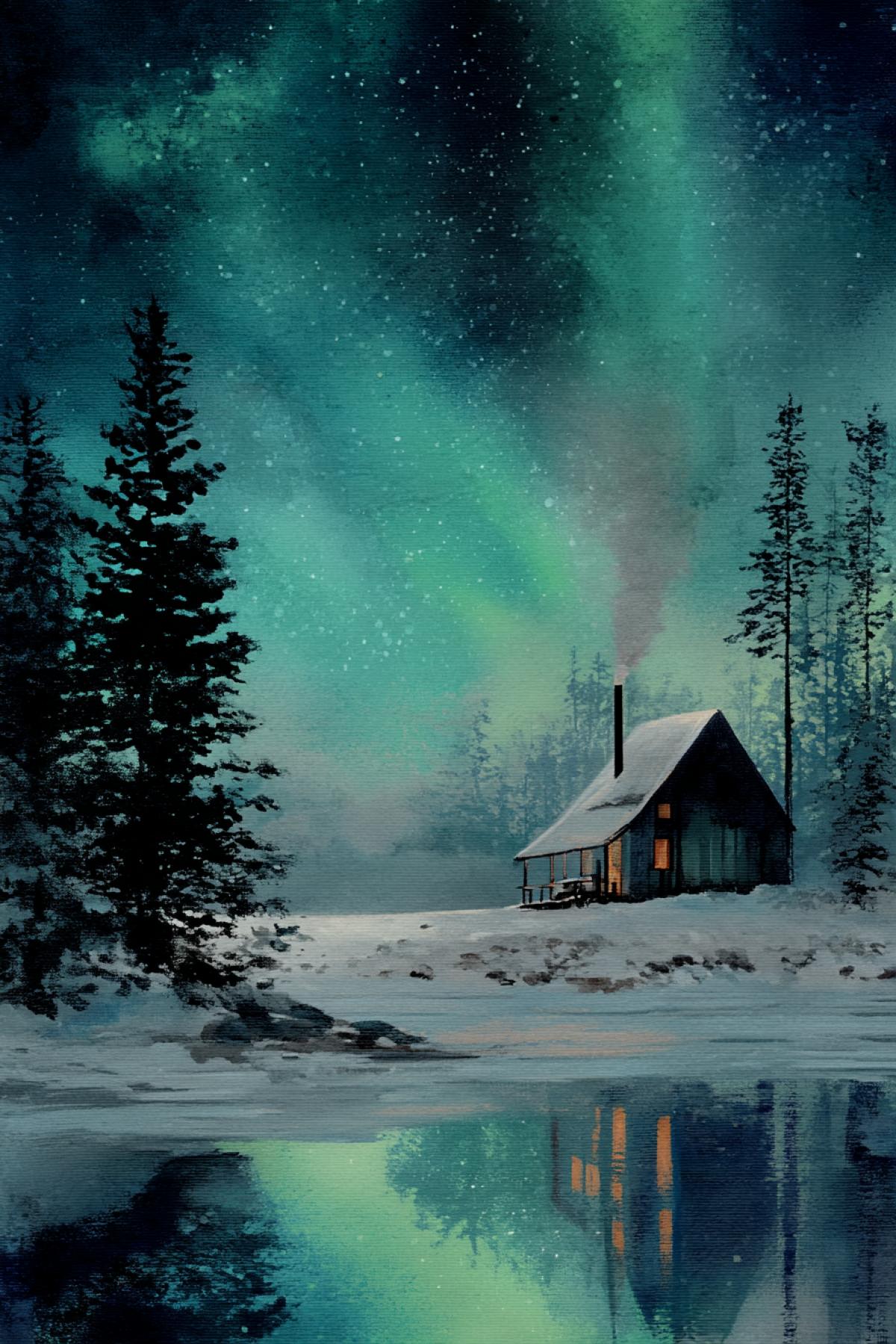 a tiny wooden cabin by a frozen lake, surrounded by snow-covered pines, the aurora borealis dancing above, smoke curling from the chimney, cozy and silent, vertical magical winter landscape