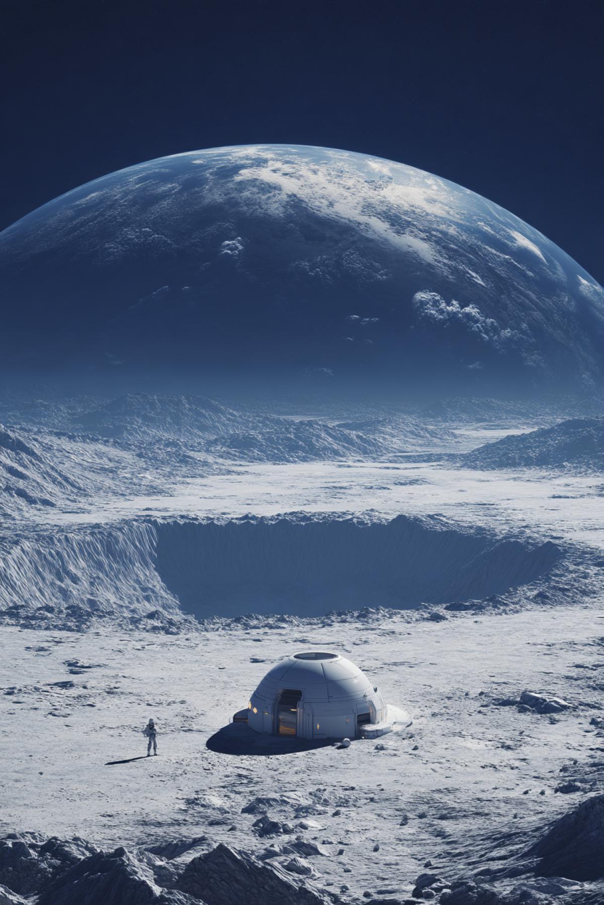 a futuristic dome house standing at the edge of a massive lunar crater, Earth visible in the sky, dust swirling in low gravity, solitary and poetic, sci-fi solitude, vertical space concept art