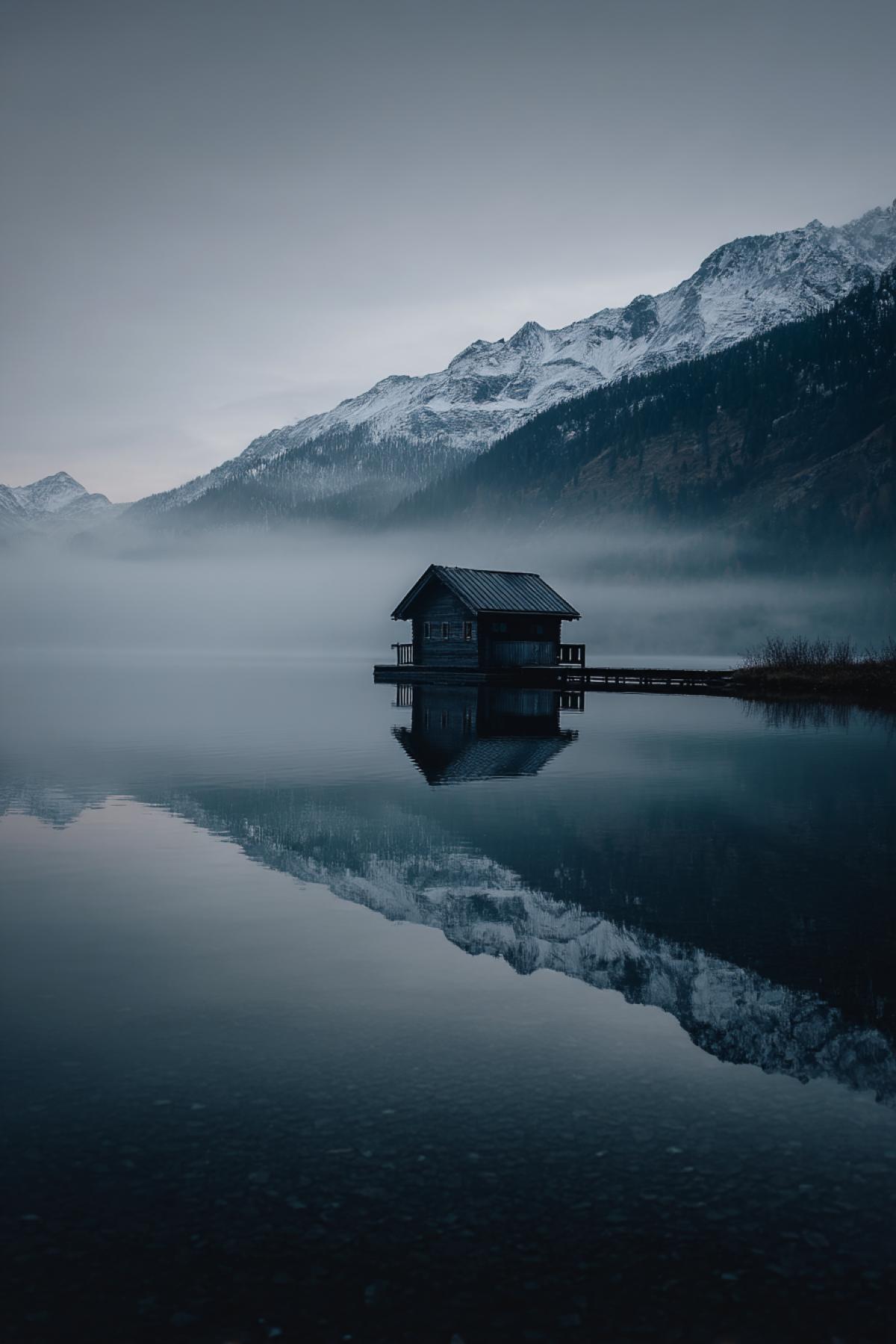a minimalist dark cabin floating alone on a still mountain lake at dawn, surrounded by mist and snow-capped peaks, perfect reflection in the water, serene and meditative atmosphere, vertical com4k