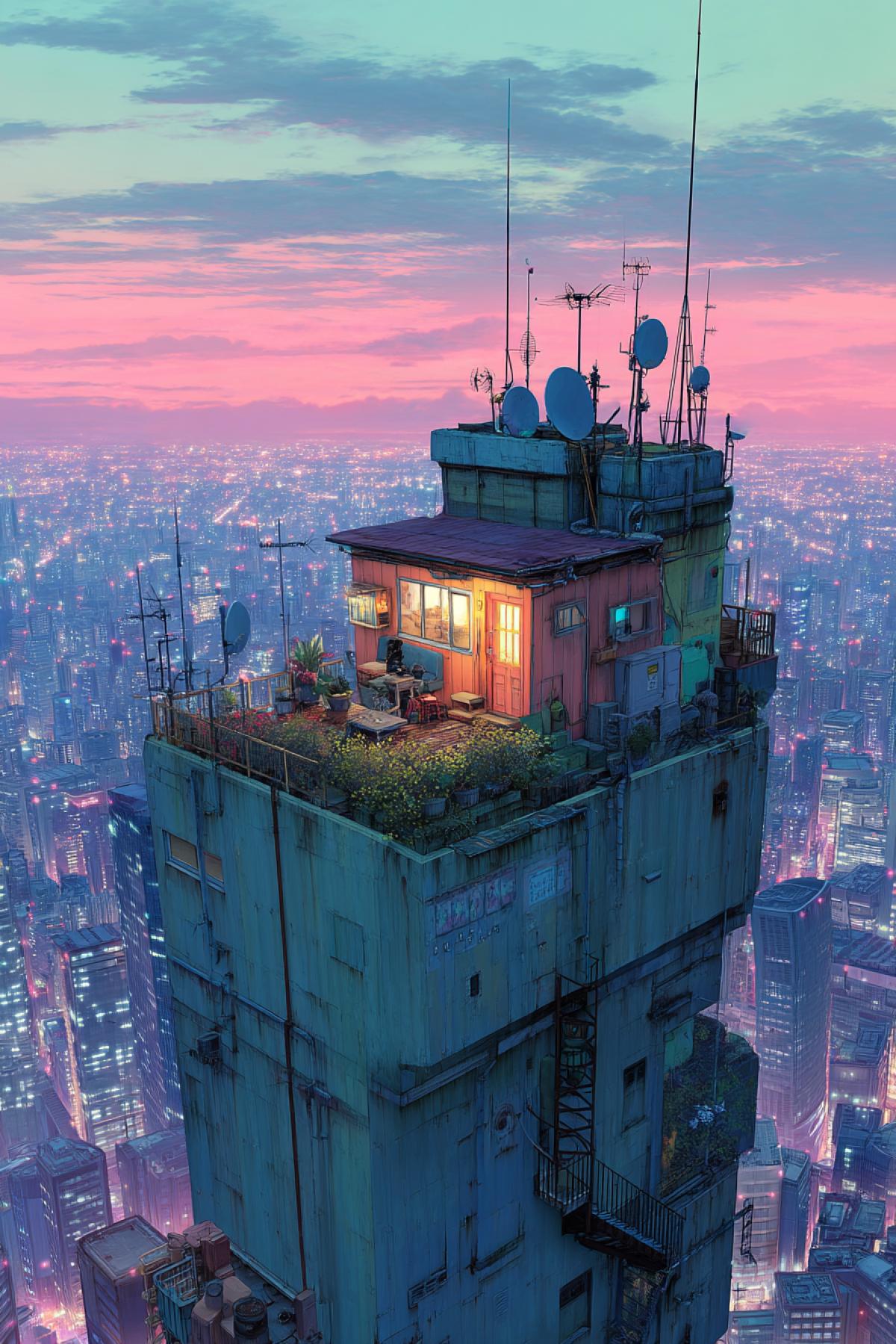 a small cozy house built on the rooftop of a massive skyscraper, surrounded by antennas and rooftop gardens, endless city lights stretching below, dusk sky glowing pink and blue, whimsical and surreal, vertical urban fantasy