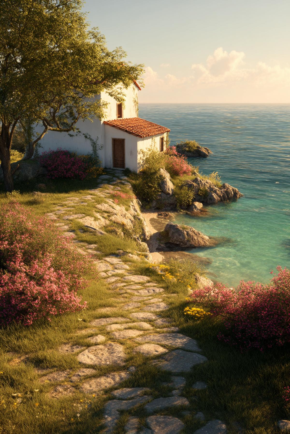 a beautiful white cottage with terracotta roof, standing clearly on a lush green cliff overlooking a turquoise sea, surrounded by soft blooming trees and light flower bushes (no overgrowth), a winding stone path leading to the door, warm golden hour sunlight casting long soft shadows, ocean breeze gently moving the leaves, serene and breathtaking atmosphere, vertical com4k