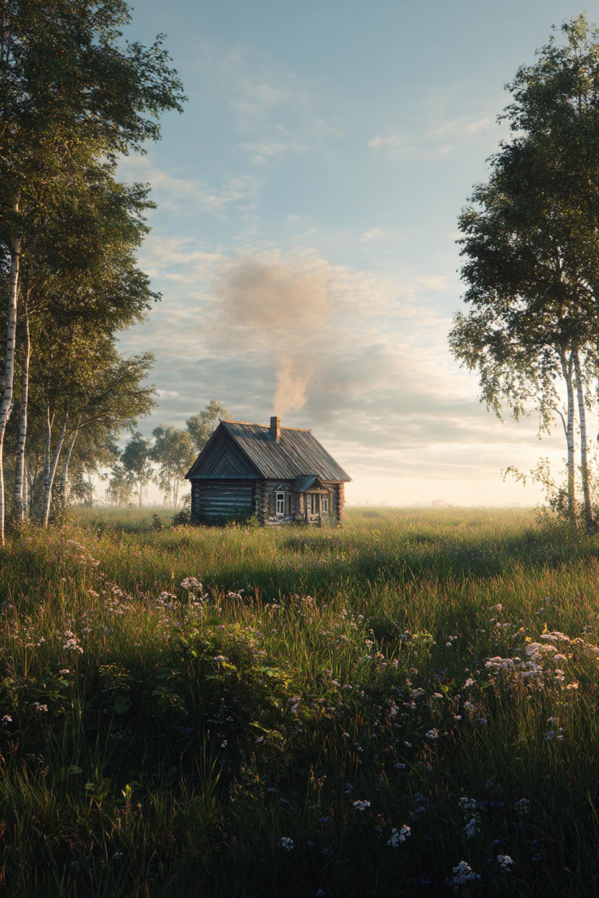 a lonely traditional Russian wooden izba standing in the middle of a vast green field, soft wildflowers around, birch trees in the distance, golden evening sunlight the scene, smoke gently rising from the chimney, peaceful and nostalgic mood, vertical com4k
