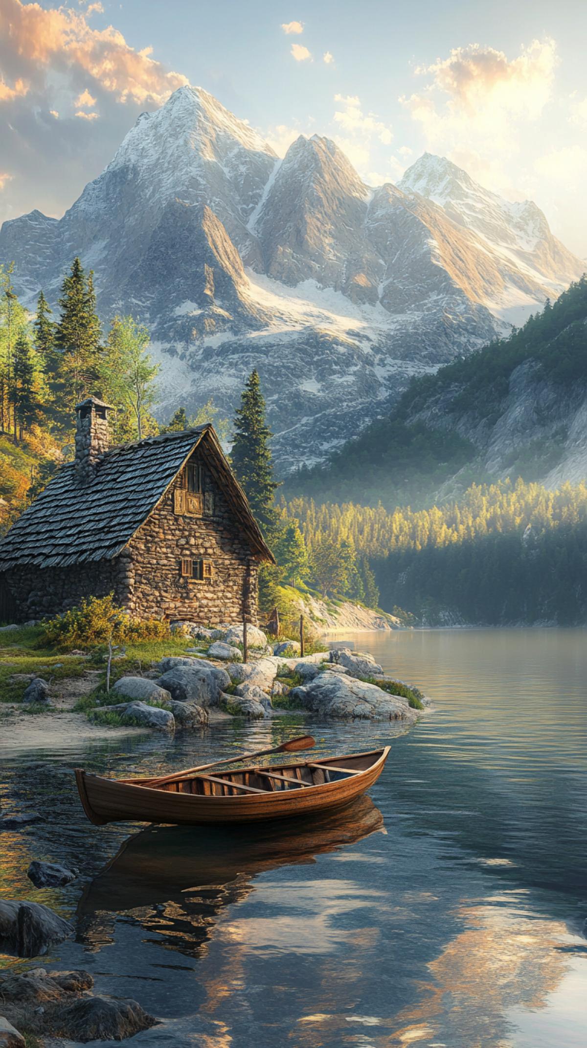 Hyper-realistic image of a majestic mountain valley at dawn with a crystal clear lake with a quaint old stone cottage with a thatched roof and a chimney, a wooden boat with oars on the lake shore, the lake reflects snow-capped peaks and lush green forests. Intricate rock textures, gentle morning light and subtle atmospheric haze highlight every detail of the terrain. The scene highlights natural high-definition elements and breathtaking panoramic beauty.