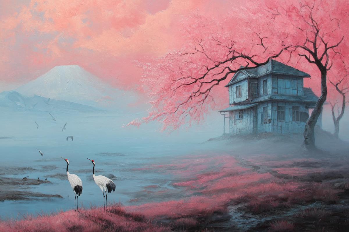 Japanese painting, Japanese lonely house on the shore, Sakura, Cranes, Fuji, House on the left in the foreground, Japanese surrealism
