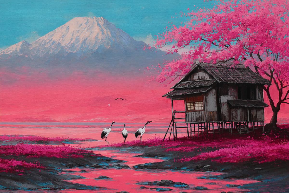 Japanese painting, Japanese lonely house on the shore, Sakura, Cranes, Fuji, House on the left in the foreground, Japanese surrealism