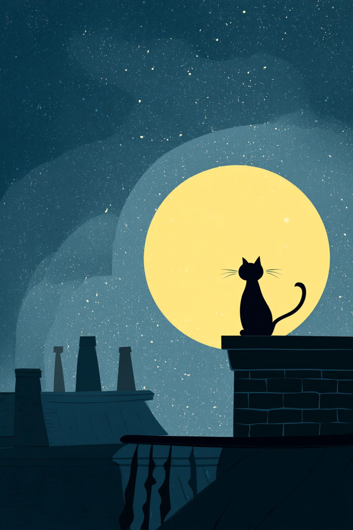 flat design of a cat sitting on a rooftop under a full moon, stylized night sky with stars, deep blue and yellow palette, clean silhouettes, cozy and whimsical
