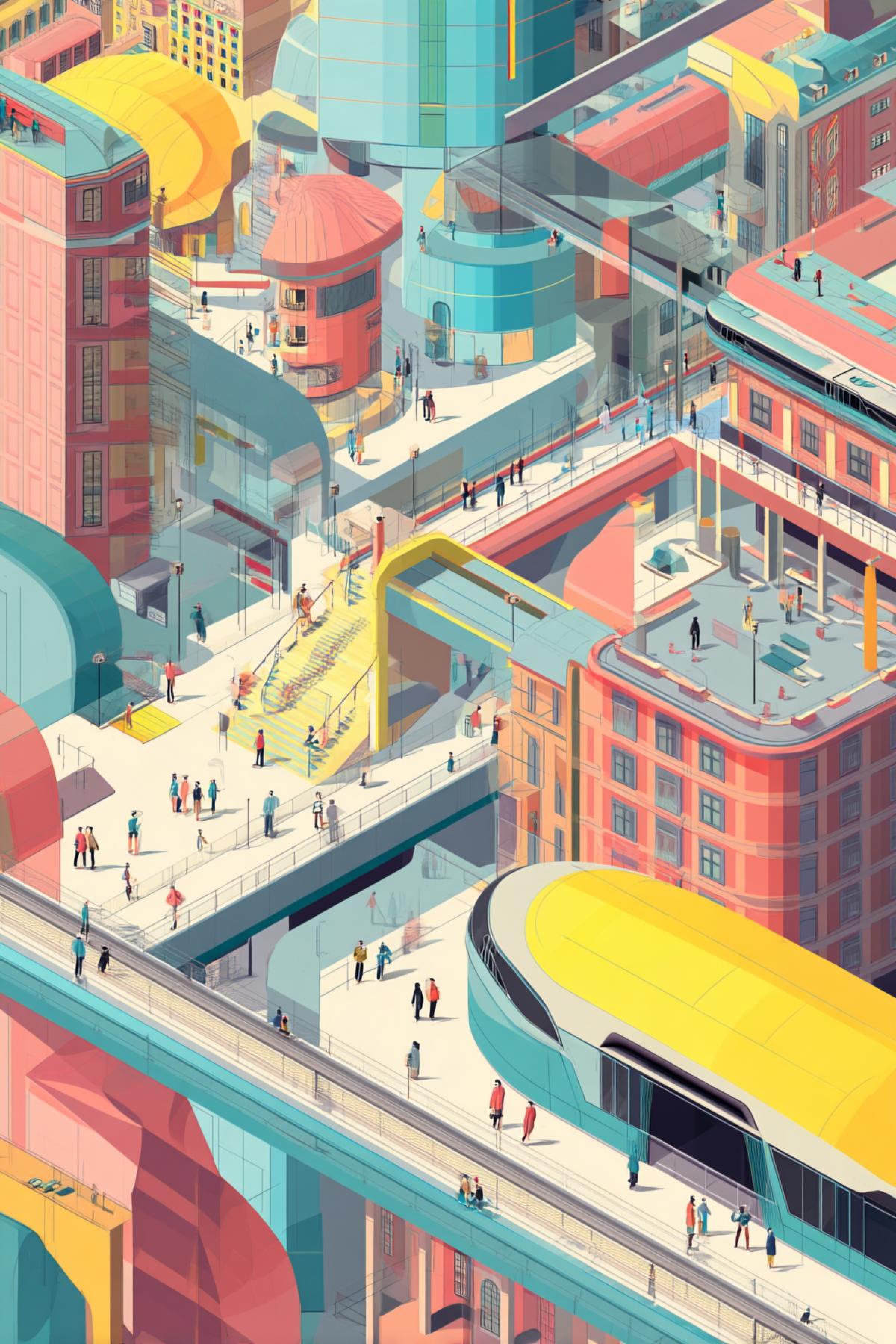 flat design illustration of a futuristic utopian city with clean lines, colorful geometric buildings, people walking, monorails, parks and skyways, bright pastel palette, top-down lighting, minimal shadows