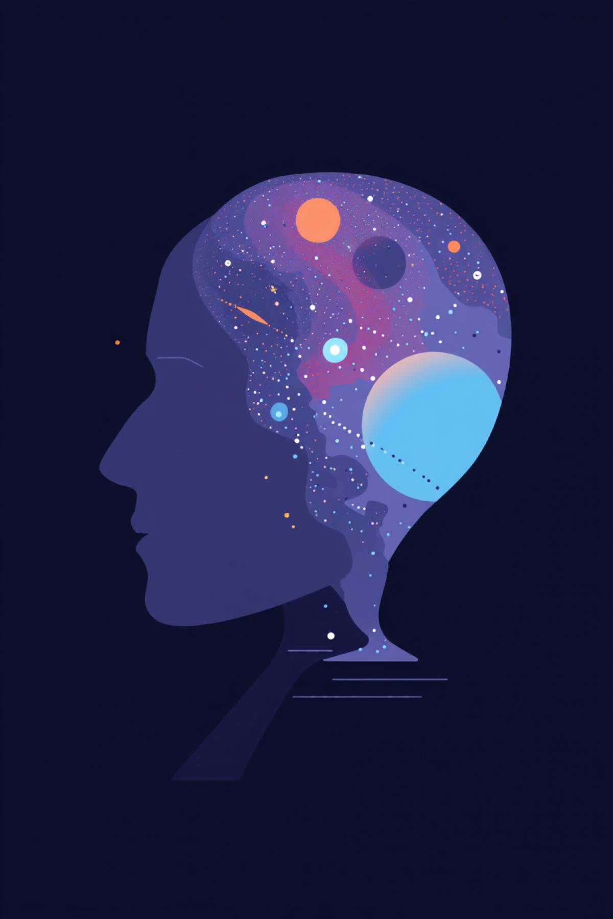 flat design of a human head in profile filled with stars, planets, and galaxies, symbolic surrealism, bold color contrast, simple shapes and clean lines, conceptual graphic art