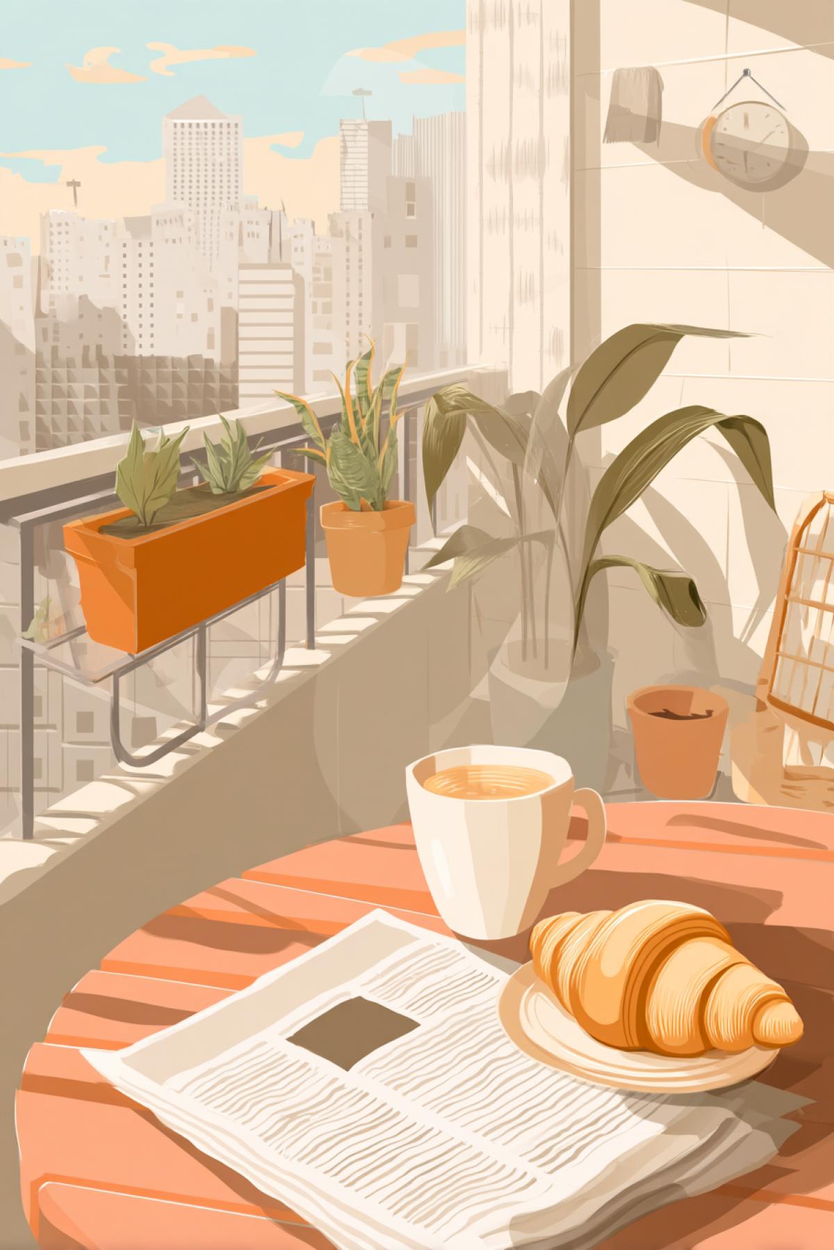 flat design of a peaceful morning breakfast on a sunny balcony, coffee cup, croissant, newspaper, potted plants, cityscape in the background, warm and relaxing tones, minimalistic vector style