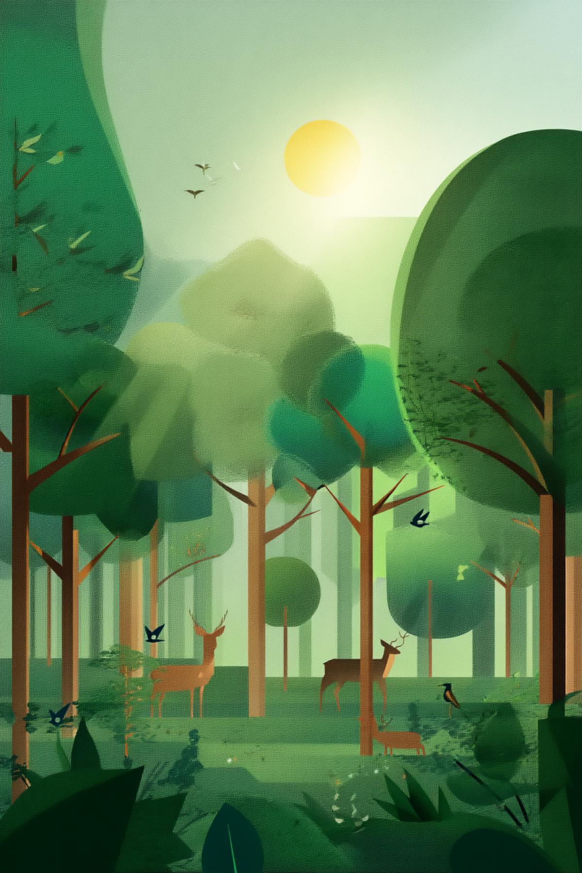 flat design of a peaceful summer forest with animals, trees in simple shapes, bright green tones, deer and birds included, warm sunlight filtering through stylized leaves, minimal vector art