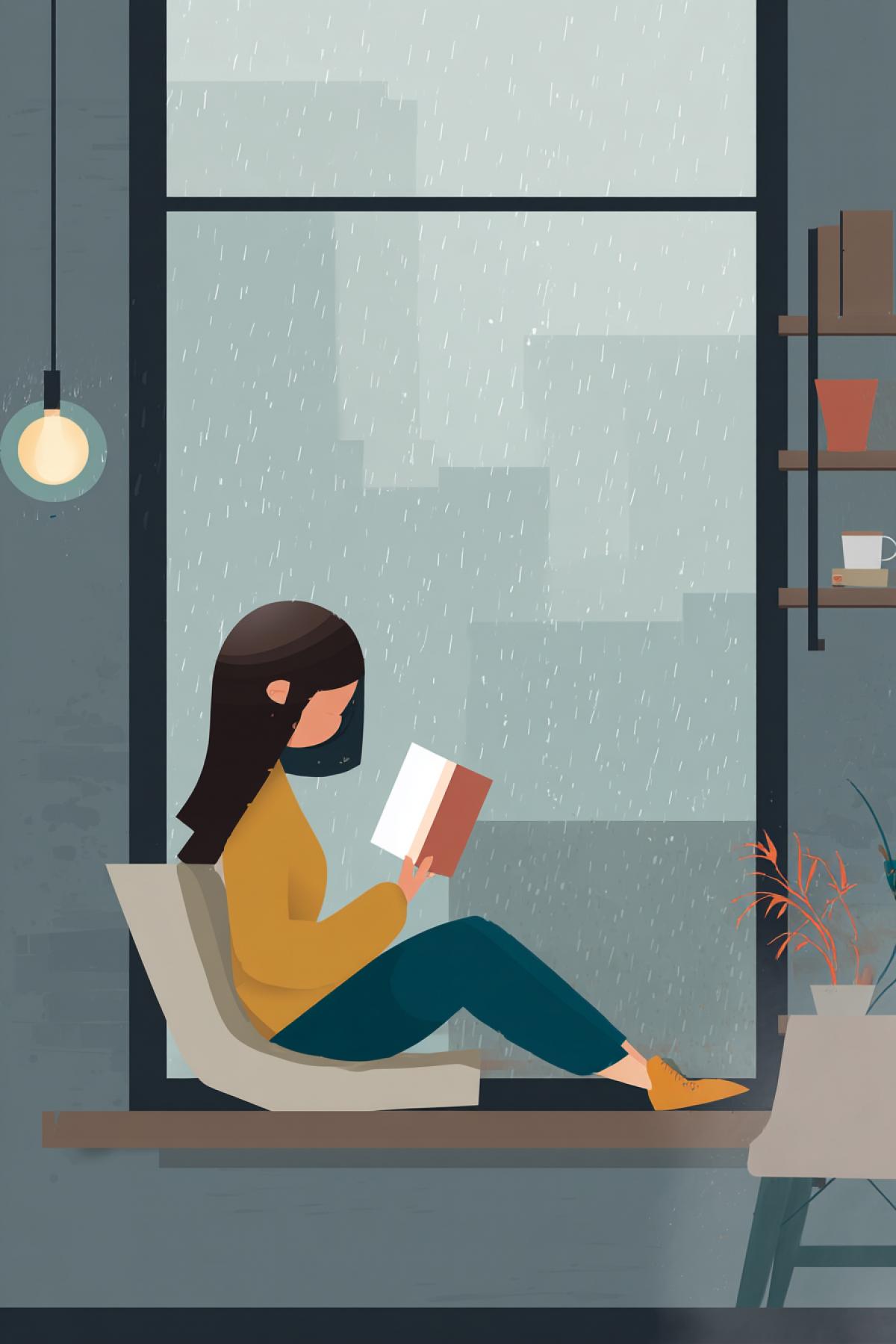 flat design of a person reading a book on a window sill during rain, warm indoor lighting, simple room decor, raindrops on window, soft muted colors, quiet cozy vibe
