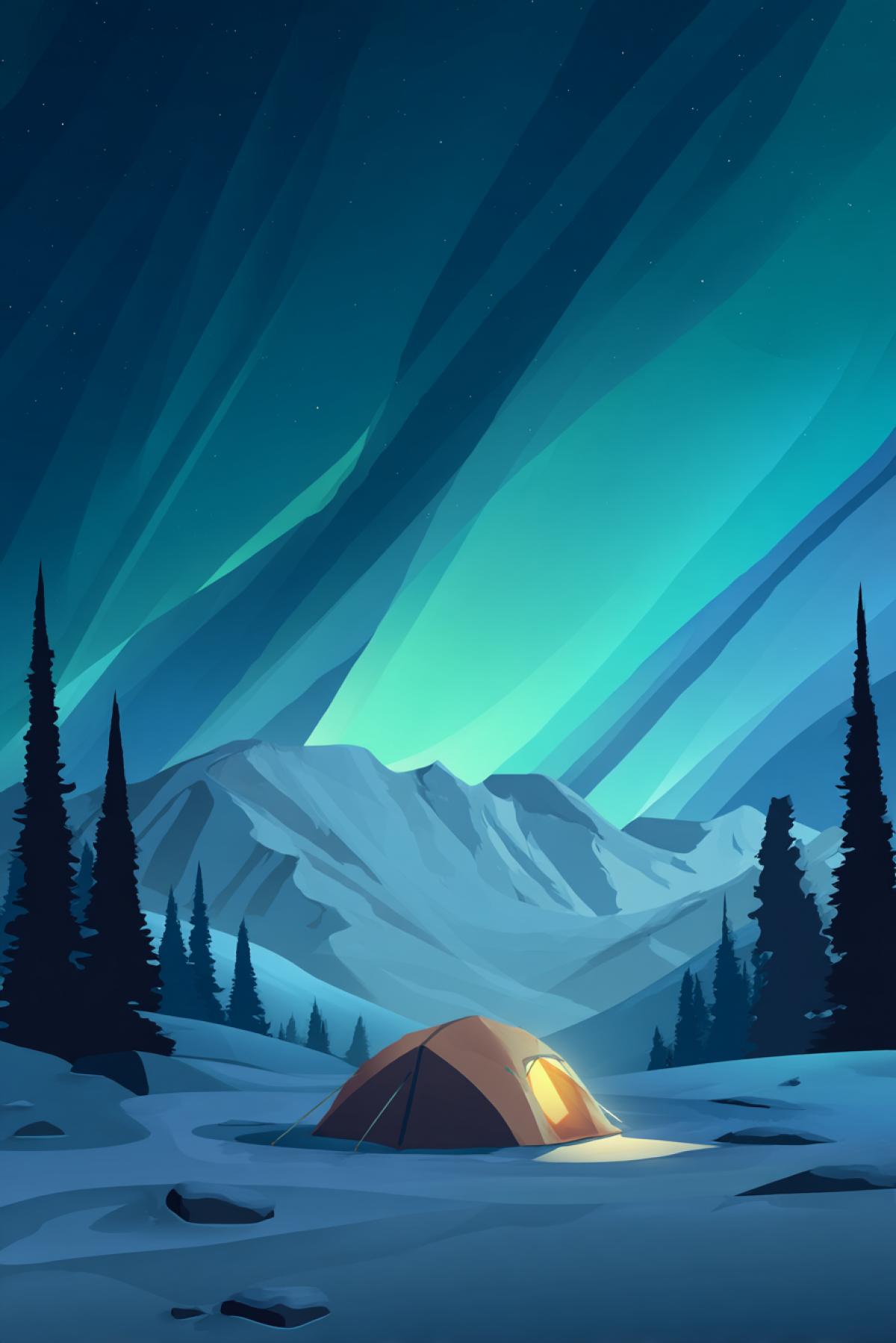 flat design of a glowing tent in snowy mountains under northern lights, stylized aurora in flowing gradients, deep night blues and neon greens, minimal landscape with bold silhouettes