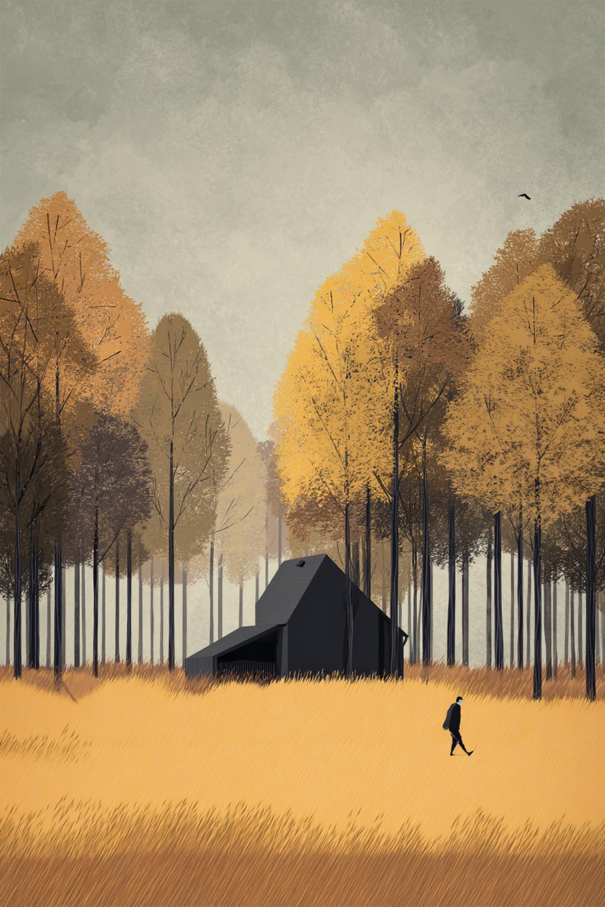 An artwork made in a flat design style.. . Late autumn. . The rooks have flown away, . The woods stand luxury, the fields are empty, . Only one strip of grain remains rough... . It stirs a sorrowful thought. . . The ears of grain seem to whisper to each other: . We’re weary of listening to the autumn storm, . We’re tired of to the very ground, . our plump kernels in dust! . . Every night, flocks of greedy migrating birds . Plunder us mercilessly, . The hare tramples us, and the storm beats us down...