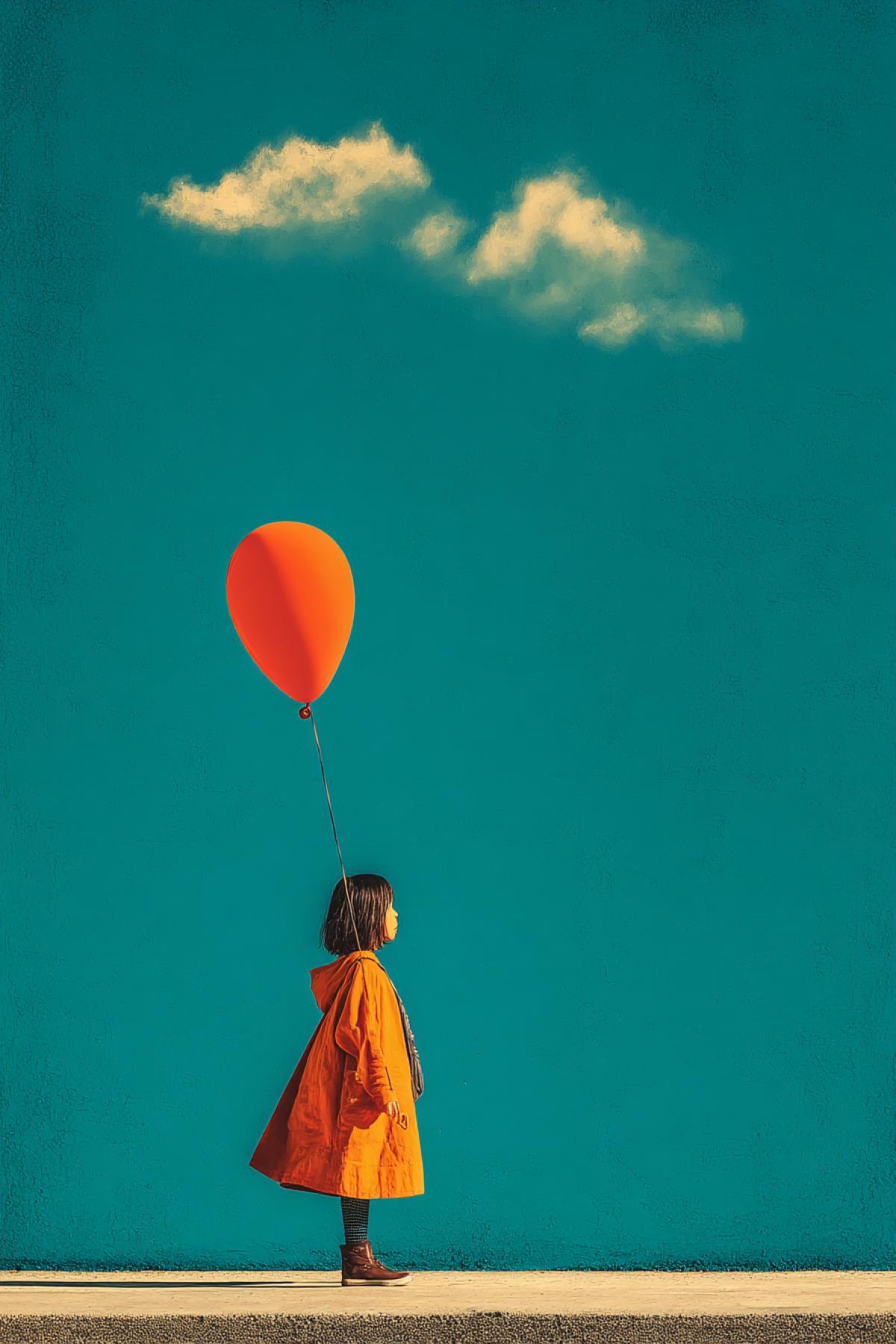 A minimalist flat design illustration of a small girl holding a red balloon. The girl is simple, with smooth, flat shapes and soft, rounded edges. She is standing against a bright blue sky with soft, fluffy white clouds scattered across. The image focuses on clean, flat colors with minimal shading and highlights, emphasizing the com4k. The red balloon is the central focal point of the image, contrasting with the cool tones of the sky. The overall atmosphere is calm, joyful, and simple, with a focus on geometric shapes and minimalistic details.
